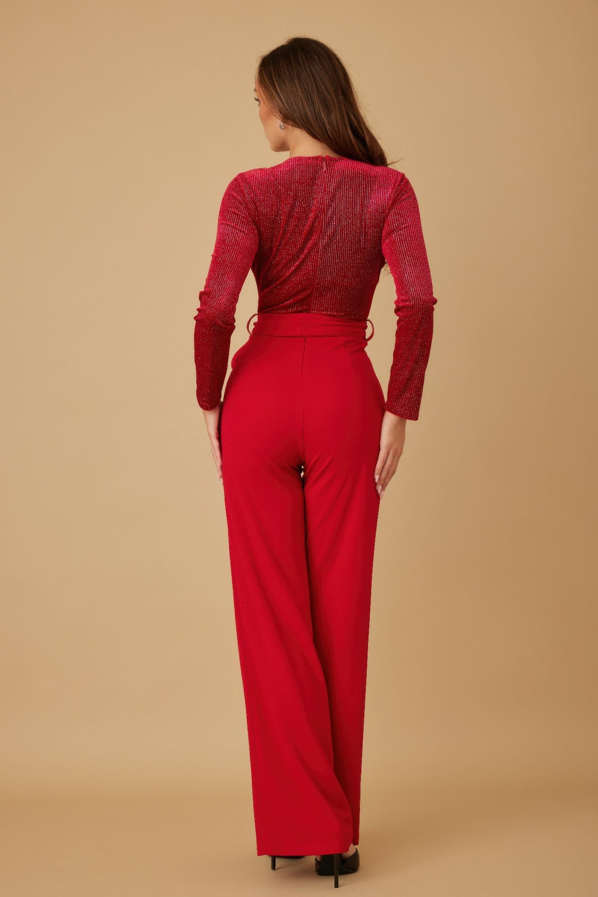 Velvet Top Fashion Jumpsuit - Black/Red