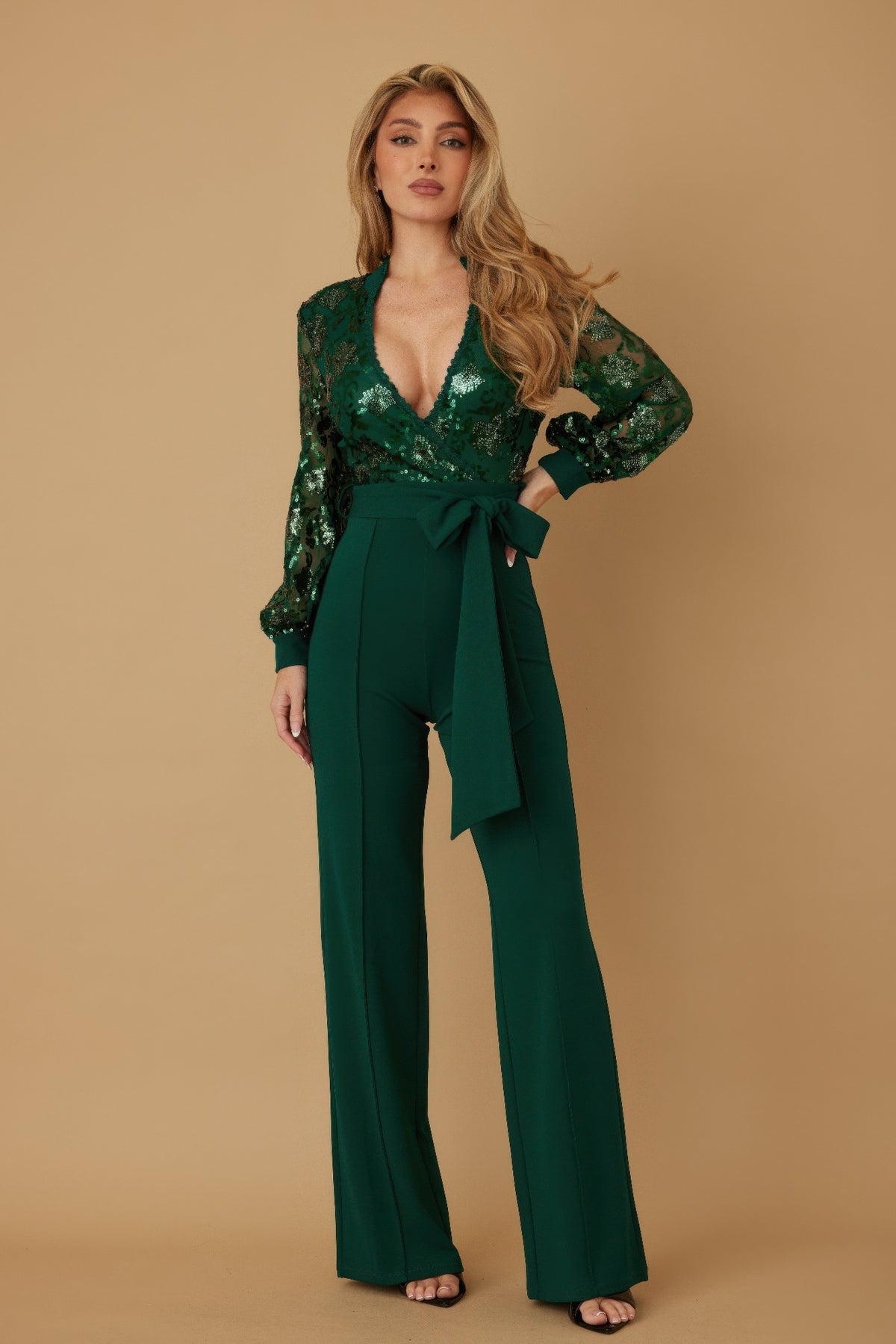 Flower Vein Sequin Print Jumpsuit - Hunter Green