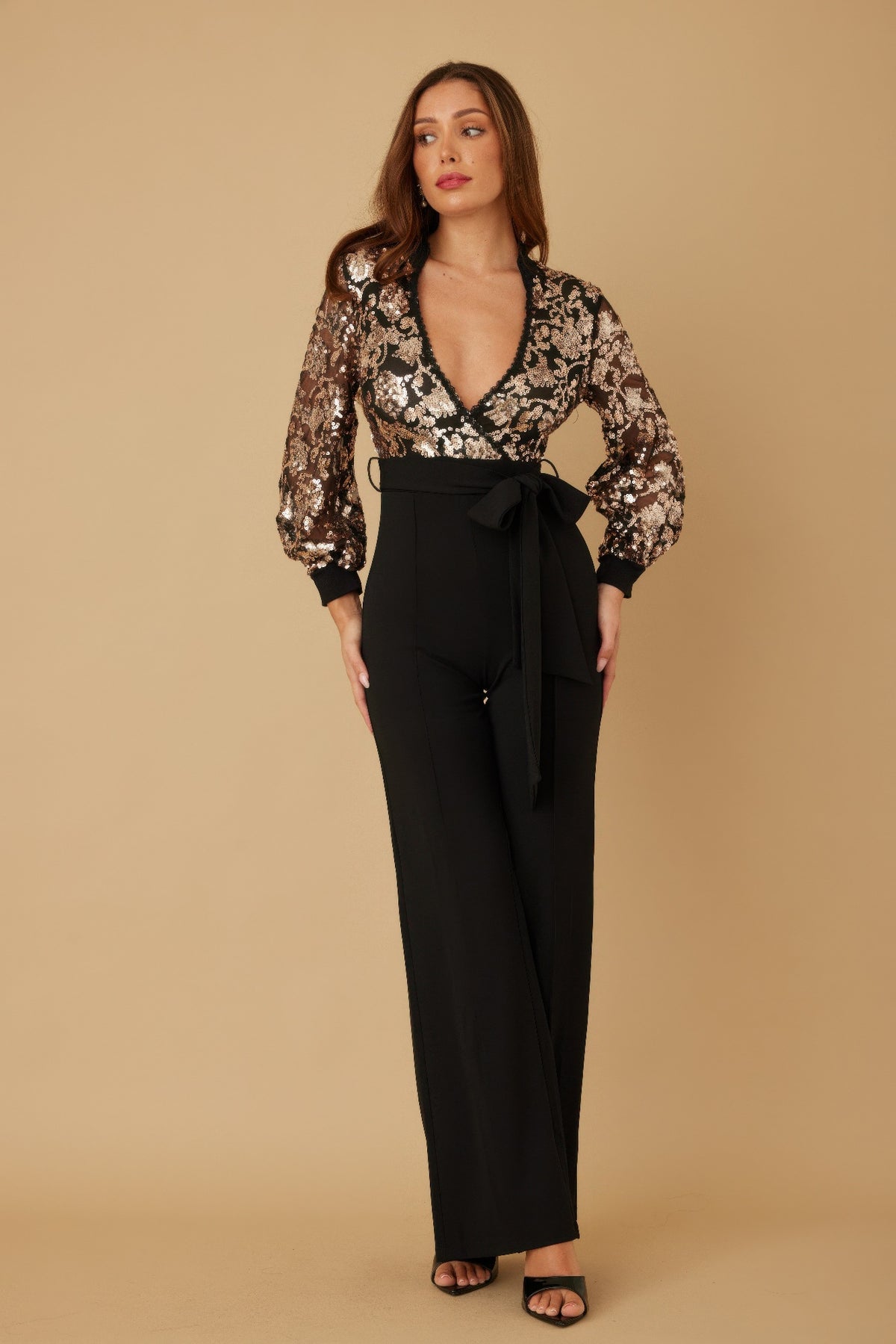 Flower Vein Sequin Print Jumpsuit - Gold/Black