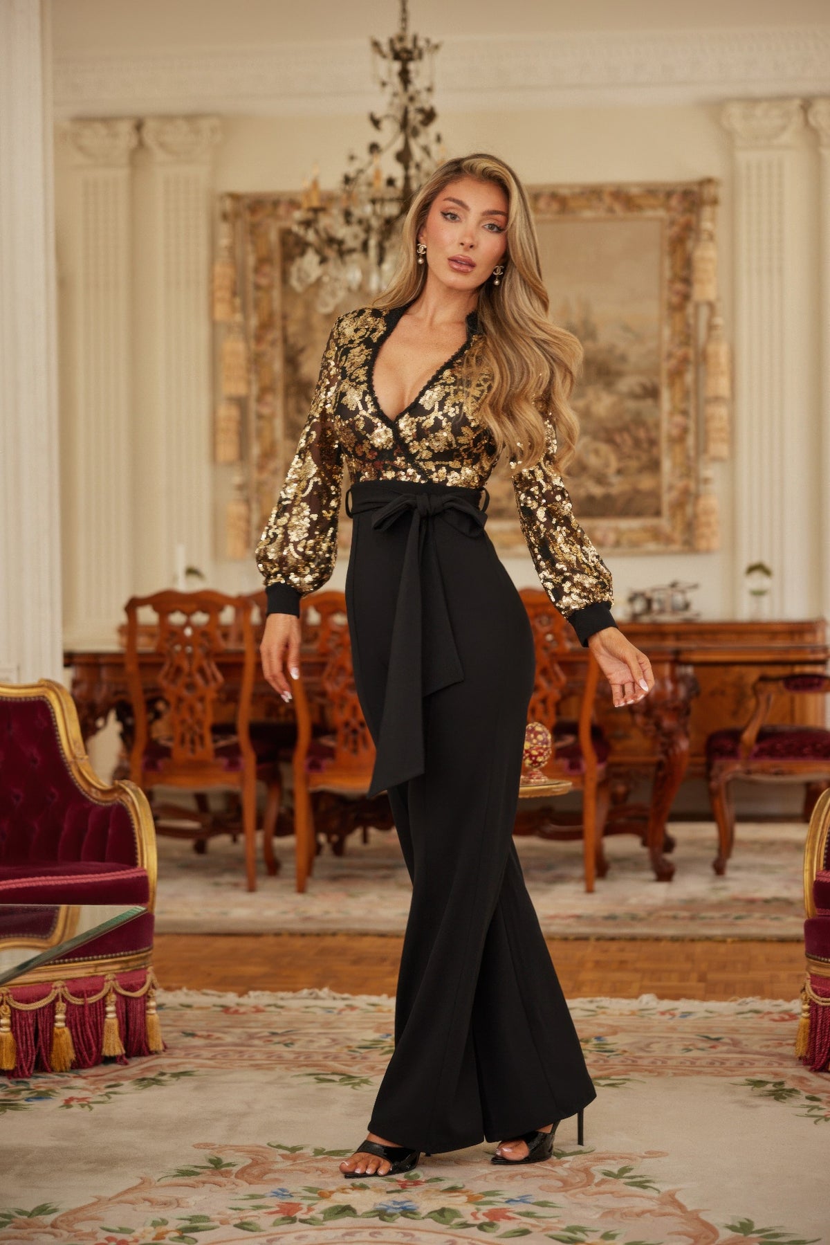 Flower Vein Sequin Print Jumpsuit - Gold/Black