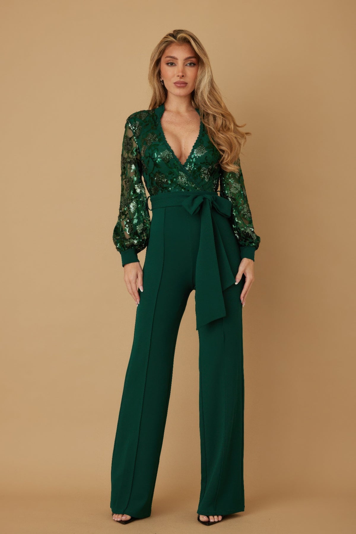 Flower Vein Sequin Print Jumpsuit - Hunter Green