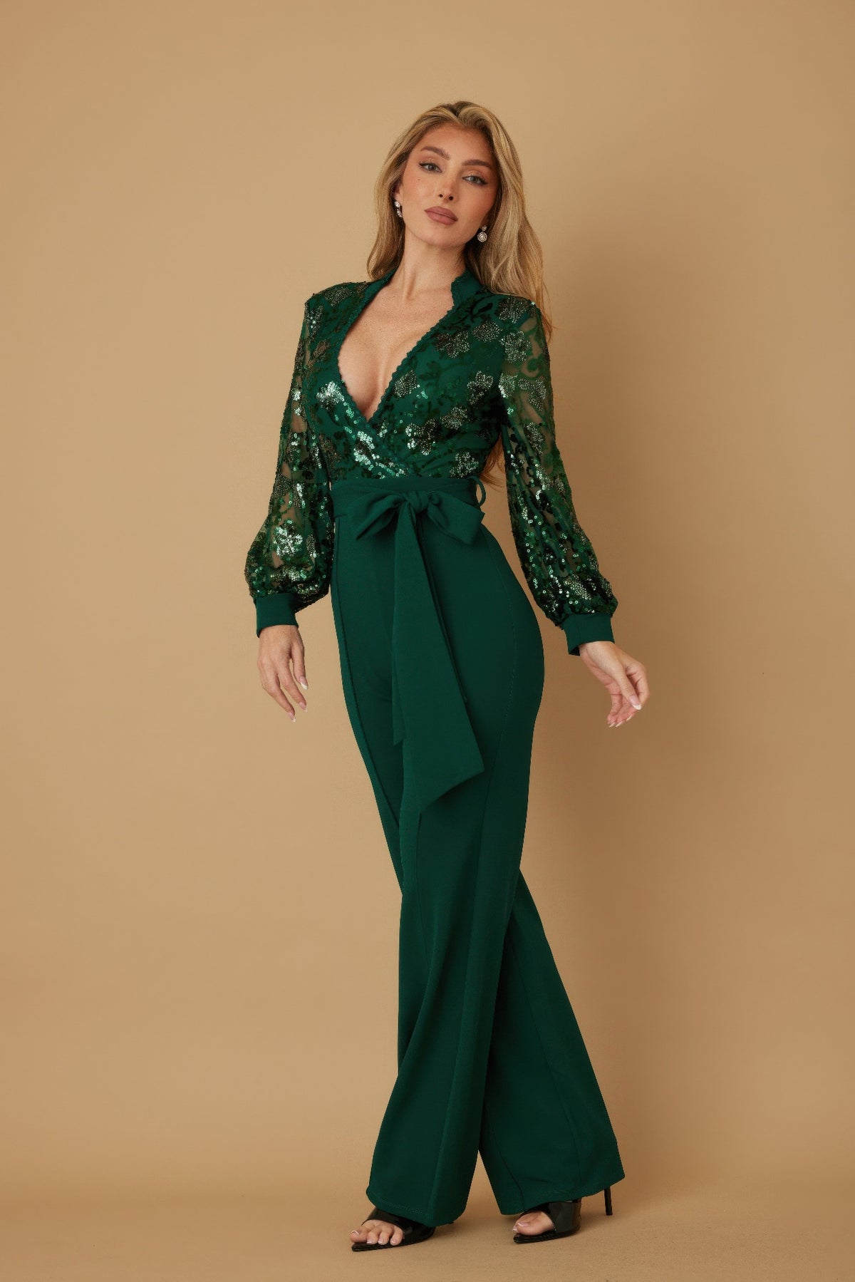 Flower Vein Sequin Print Jumpsuit - Hunter Green