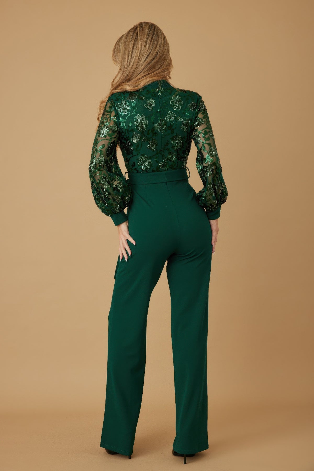 Flower Vein Sequin Print Jumpsuit - Hunter Green