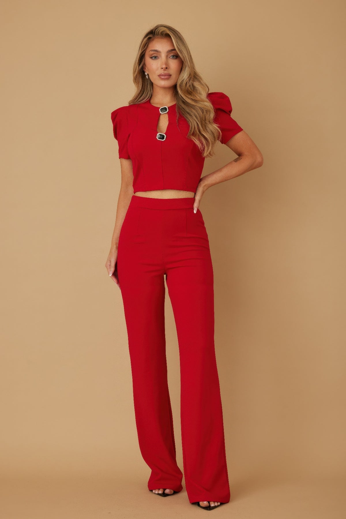 Puff Cap Sleeve Jewel Detail Sets - Red