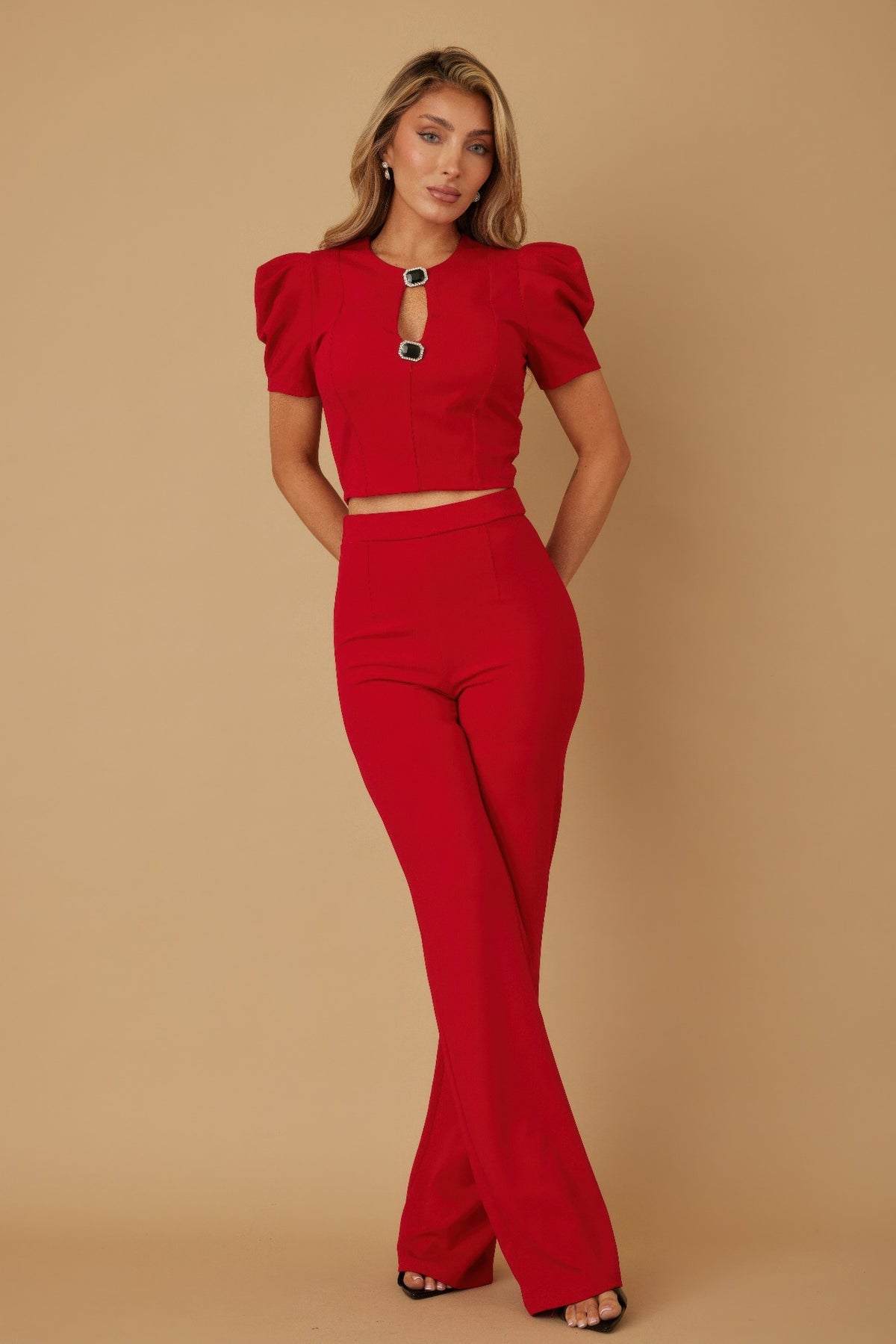 Puff Cap Sleeve Jewel Detail Sets - Red