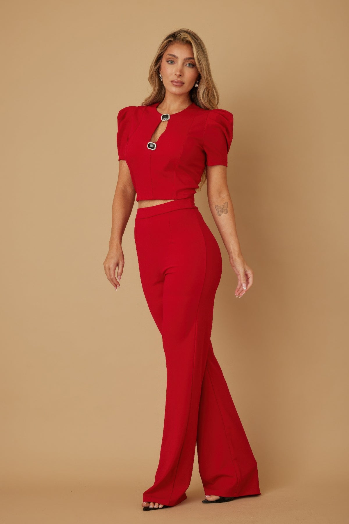 Puff Cap Sleeve Jewel Detail Sets - Red