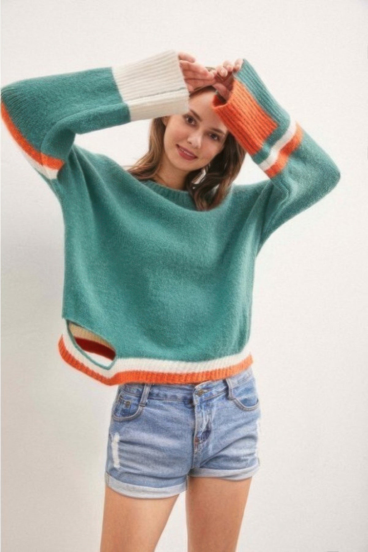 Color Block Sweater With Cut Out - Forrest Green
