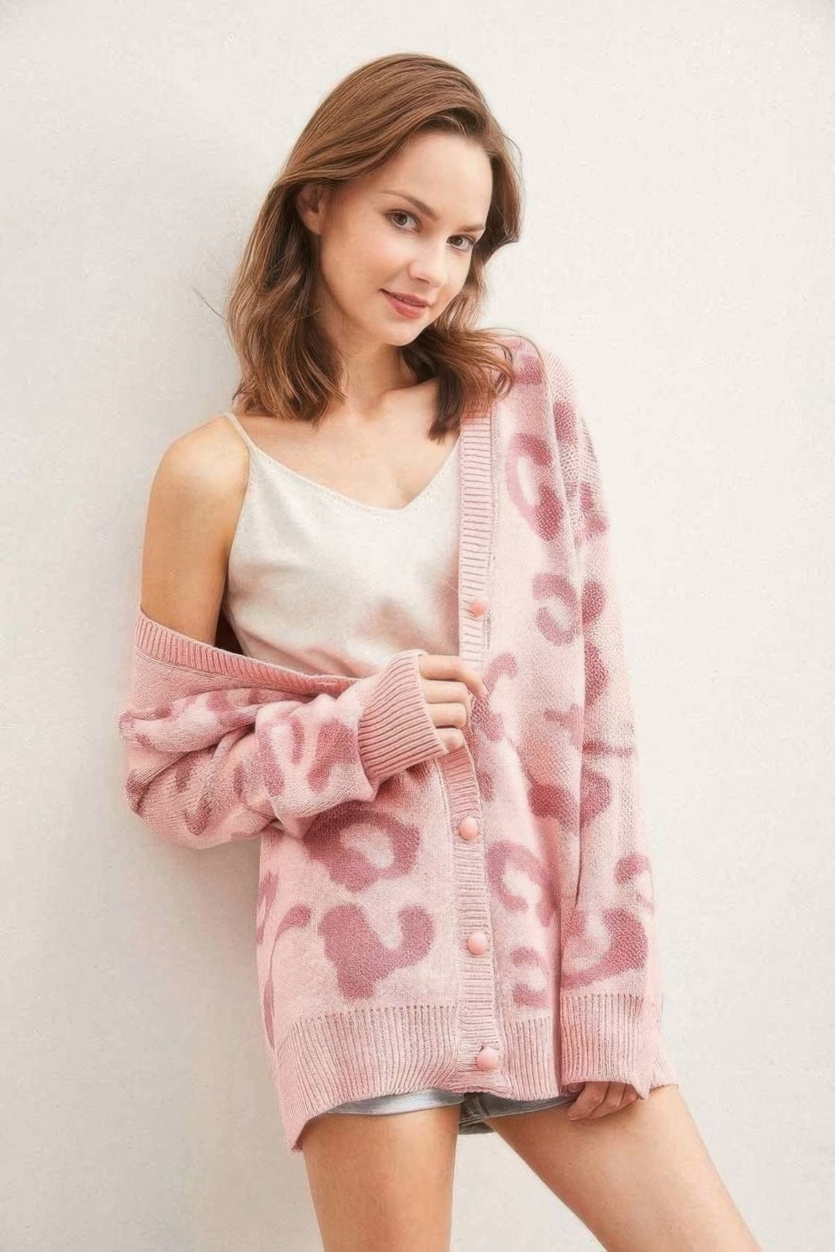 Leopard Button Down Cardigan - Pink
