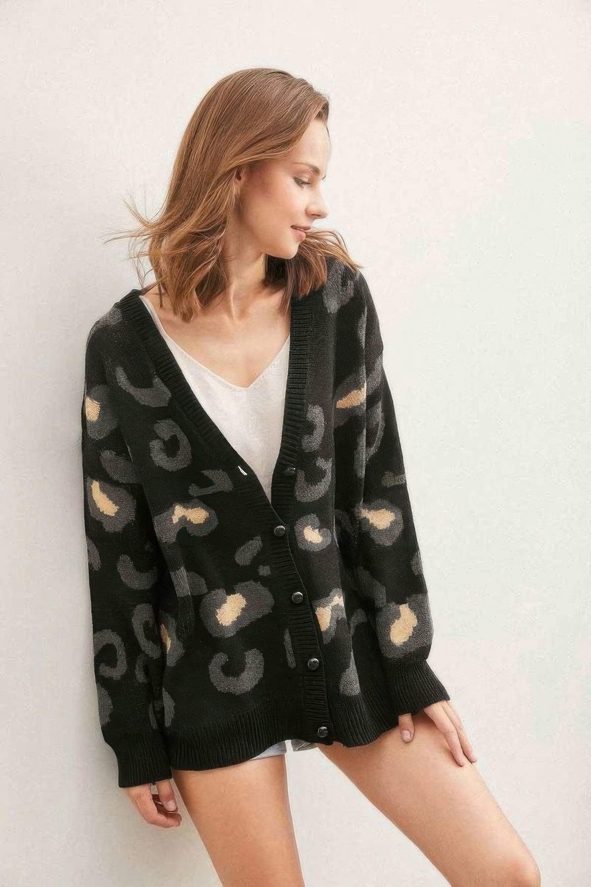 Leopard Button Down Cardigan - Black
