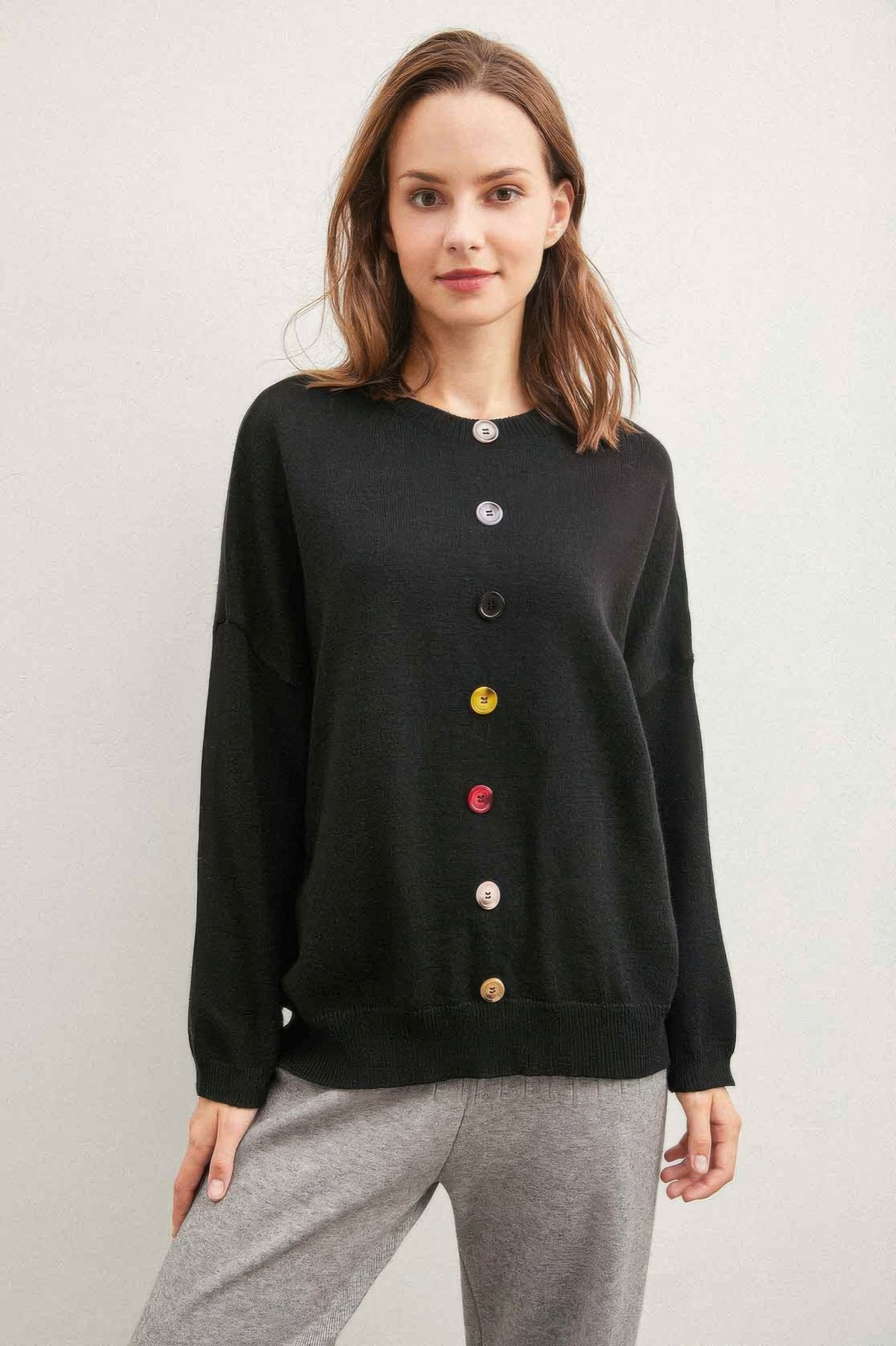 Solid Sweater With Colorful Buttons - Black