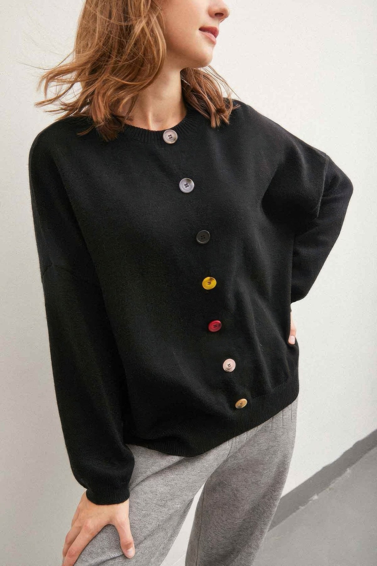 Solid Sweater With Colorful Buttons - Black