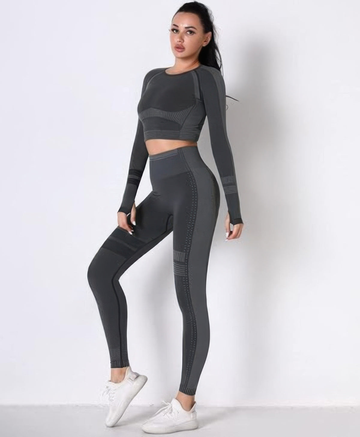 Seamless Long Sleeve Solid Yoga Set - Black