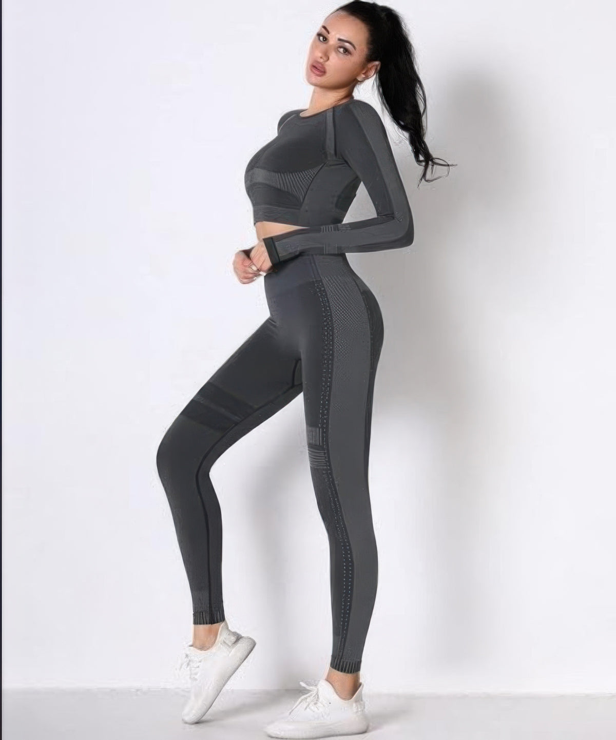 Seamless Long Sleeve Solid Yoga Set - Black