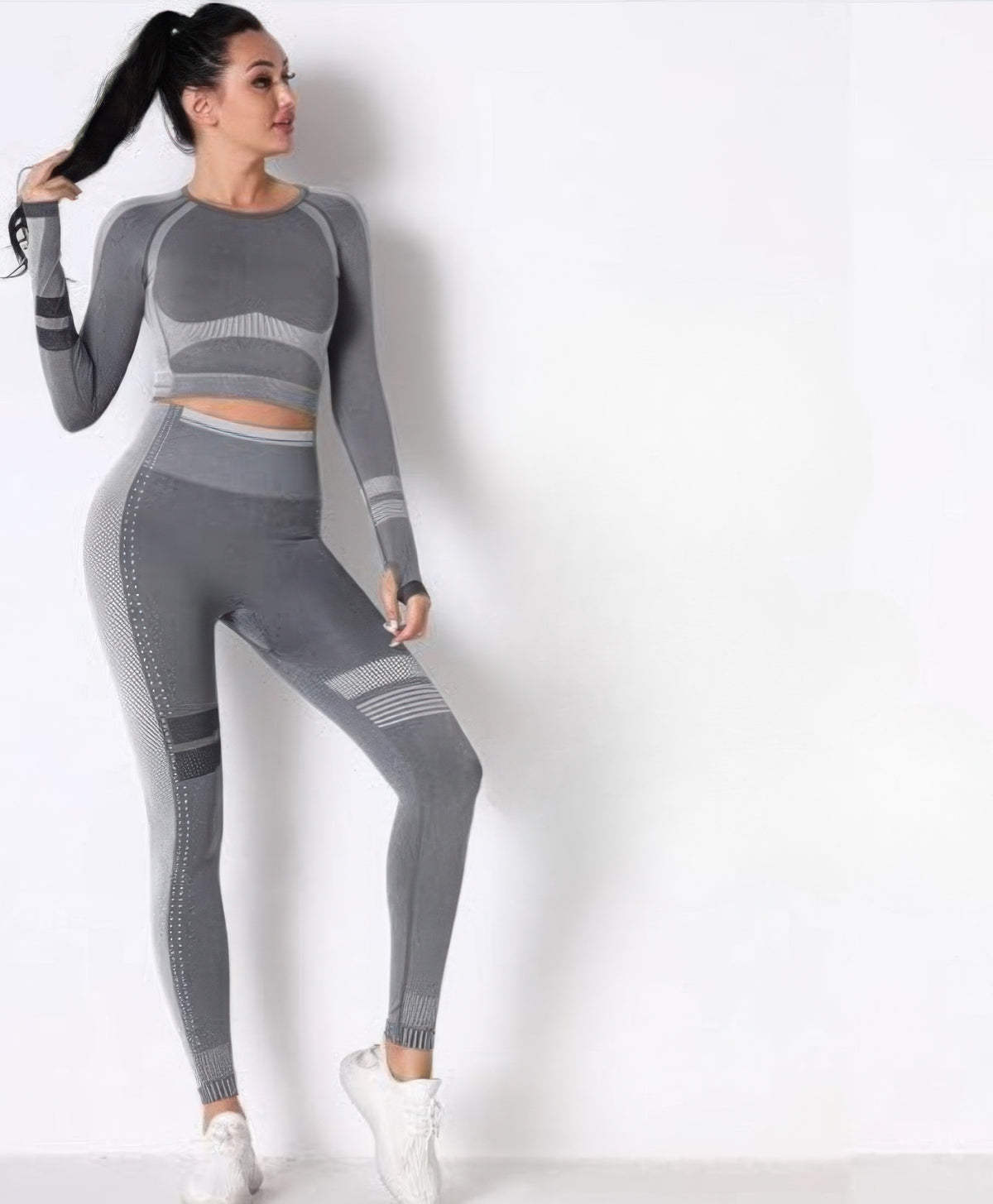Seamless Long Sleeve Solid Yoga Set - Dark Grey