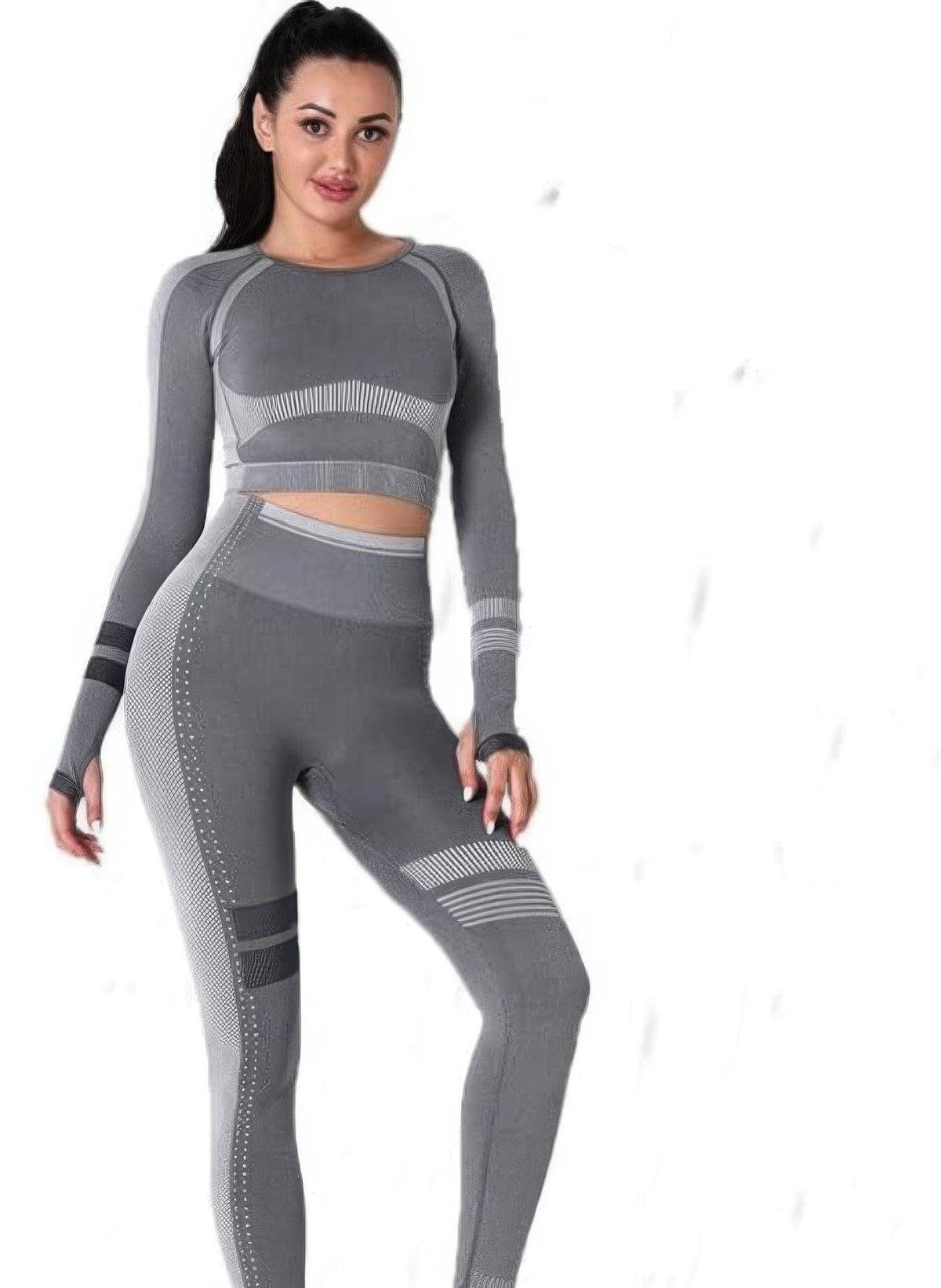 Seamless Long Sleeve Solid Yoga Set - Dark Grey