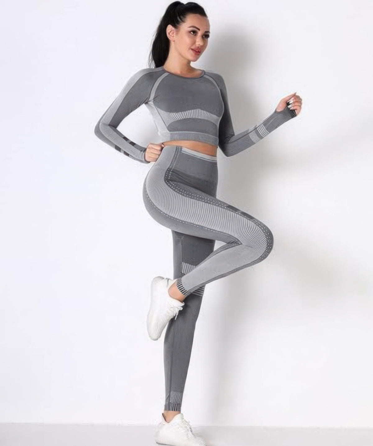 Seamless Long Sleeve Solid Yoga Set - Dark Grey