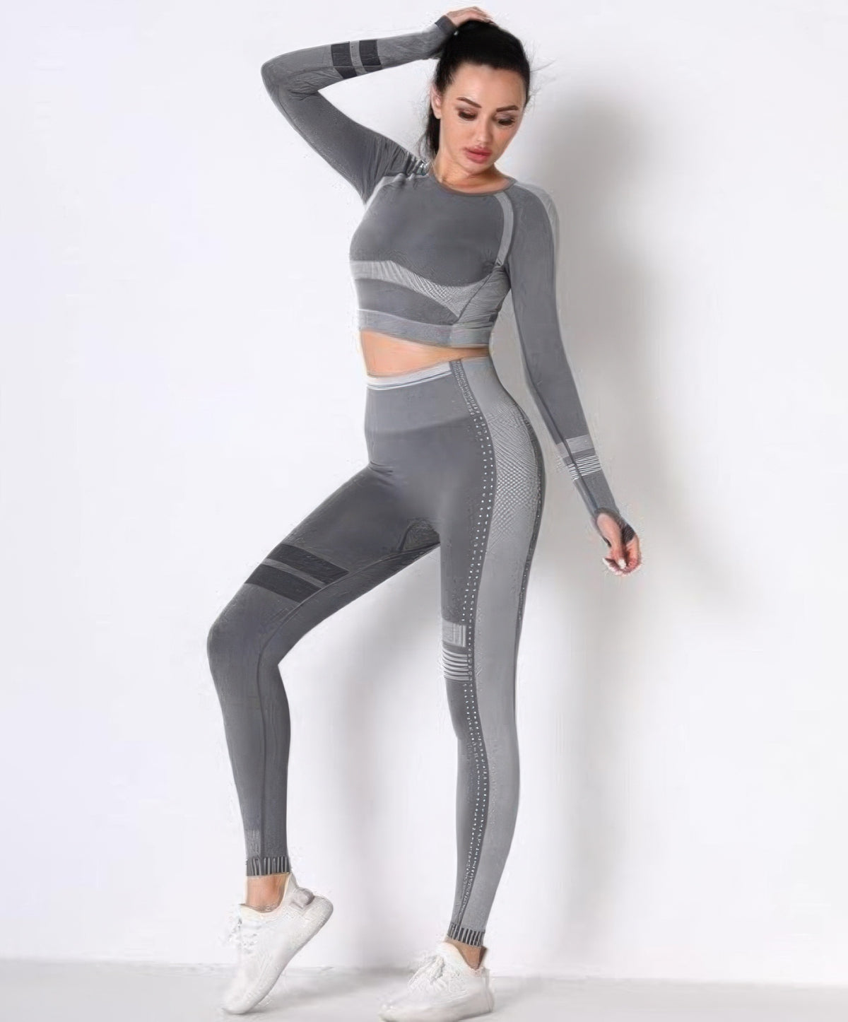 Seamless Long Sleeve Solid Yoga Set - Dark Grey