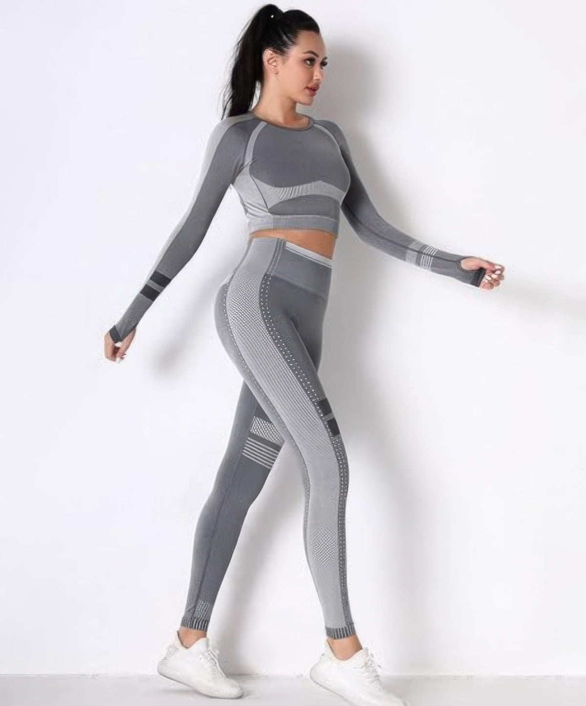 Seamless Long Sleeve Solid Yoga Set - Dark Grey