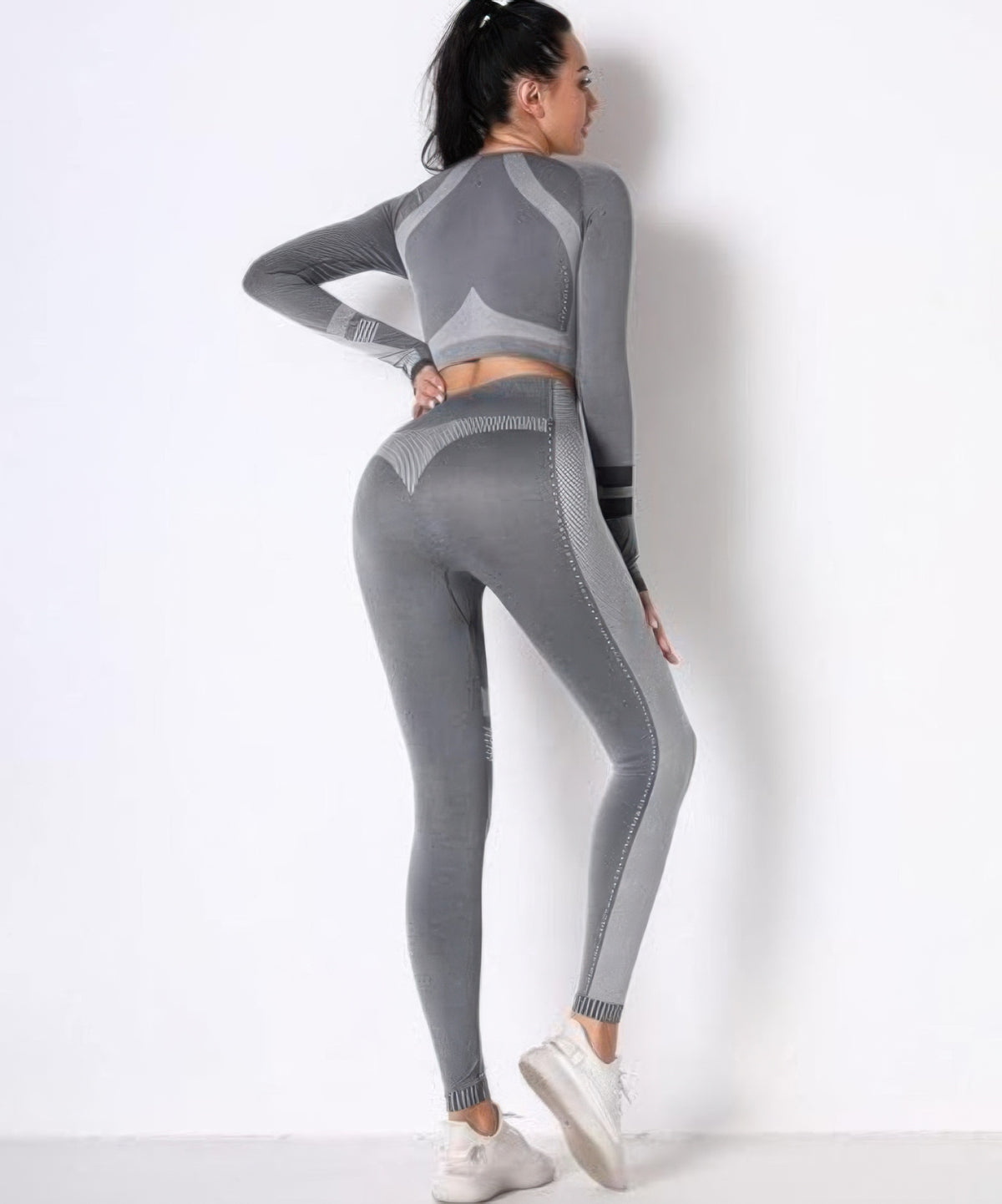 Seamless Long Sleeve Solid Yoga Set - Dark Grey