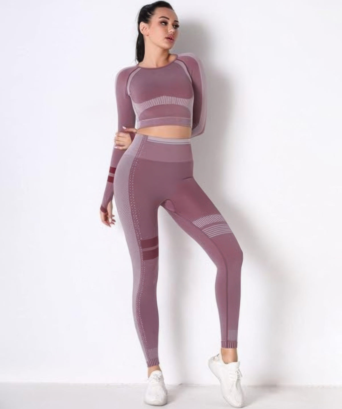 Seamless Long Sleeve Solid Yoga Set - Berry