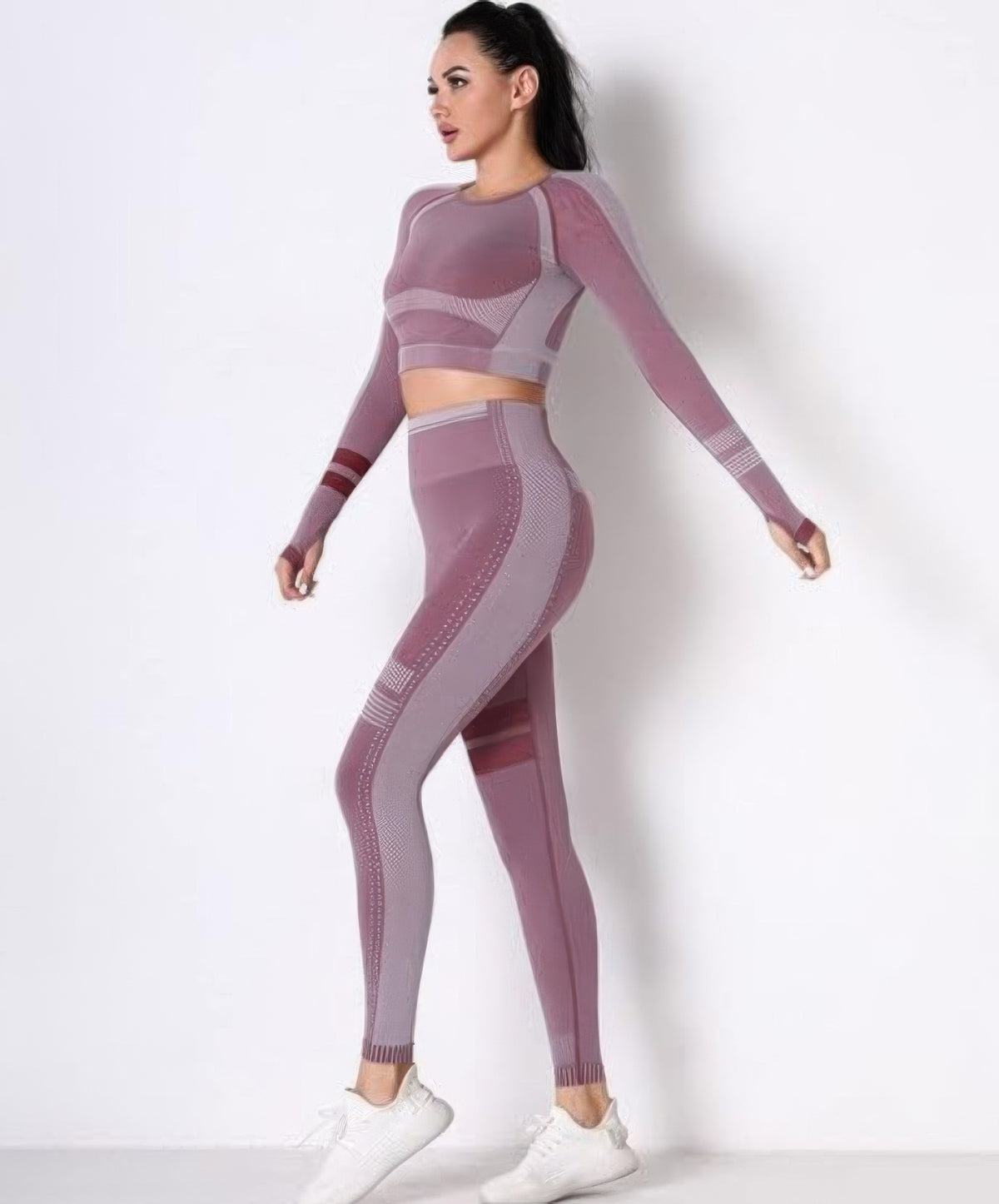 Seamless Long Sleeve Solid Yoga Set - Berry