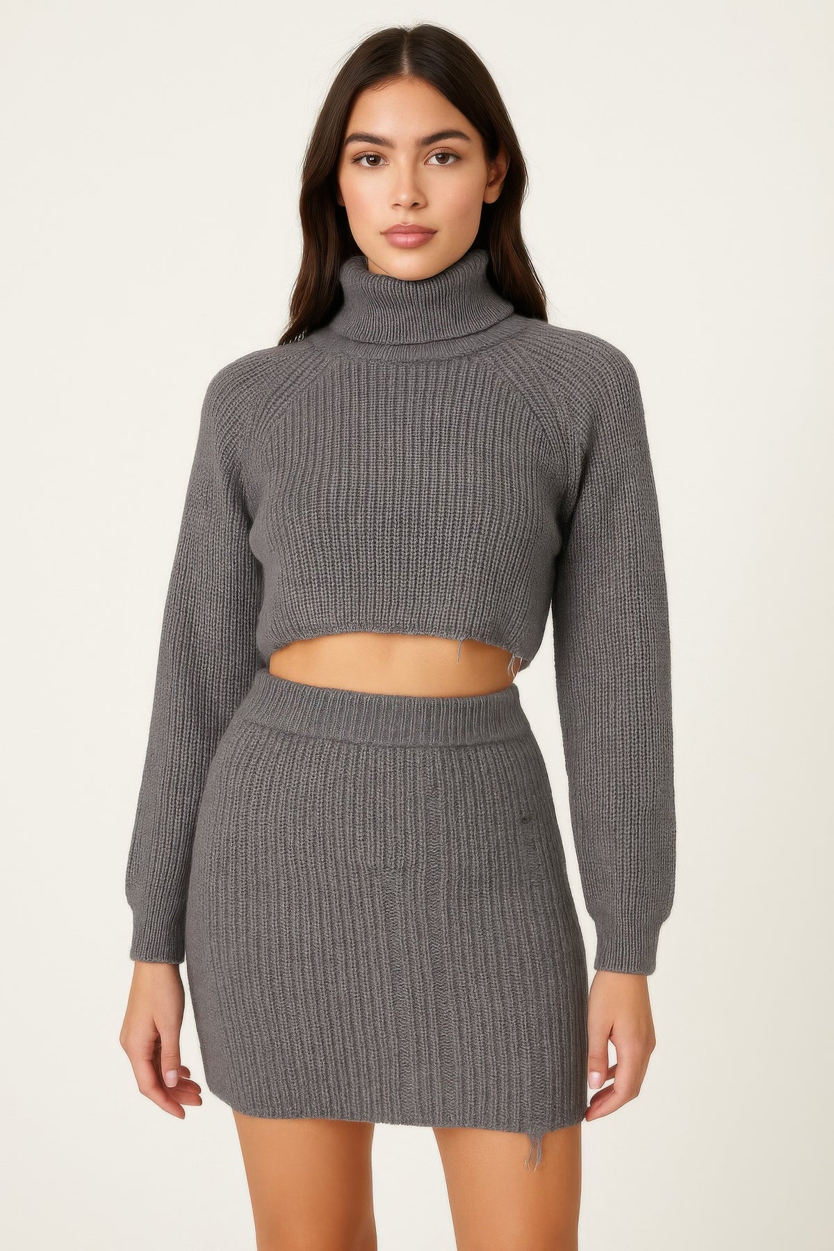 Knit Mock Neck Top And Skirt - Grey