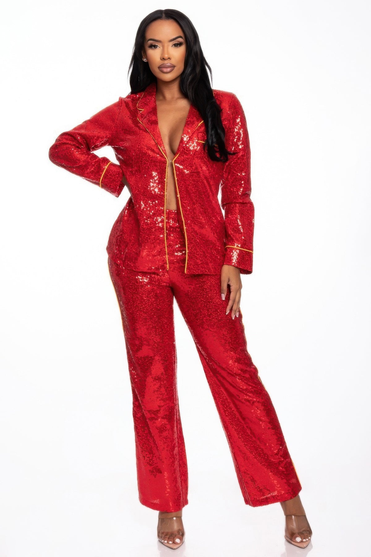 Sequin Collared Two Piece Set - Red