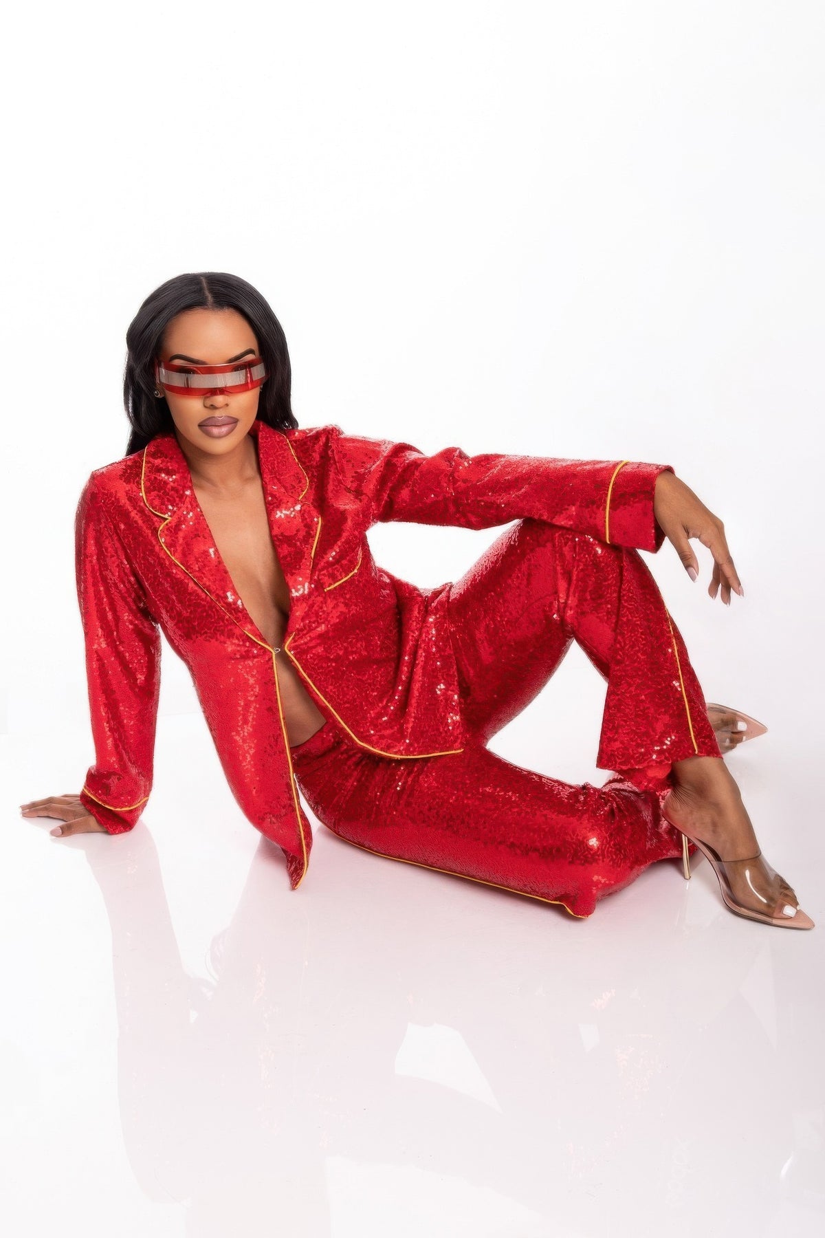 Sequin Collared Two Piece Set - Red