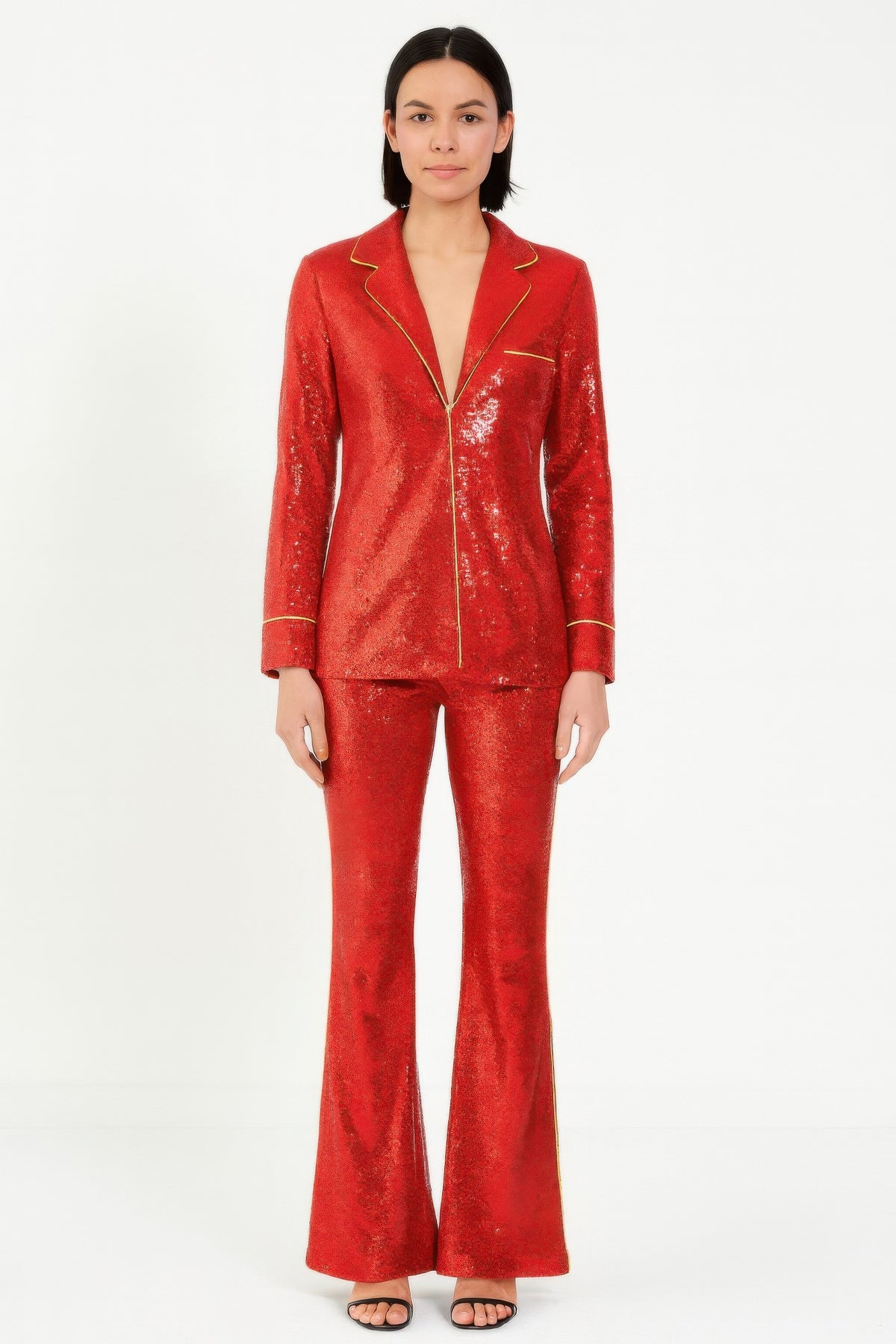 Sequin Collared Two Piece Set - Red