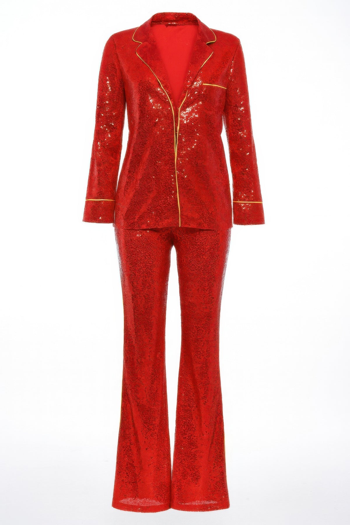Sequin Collared Two Piece Set - Red