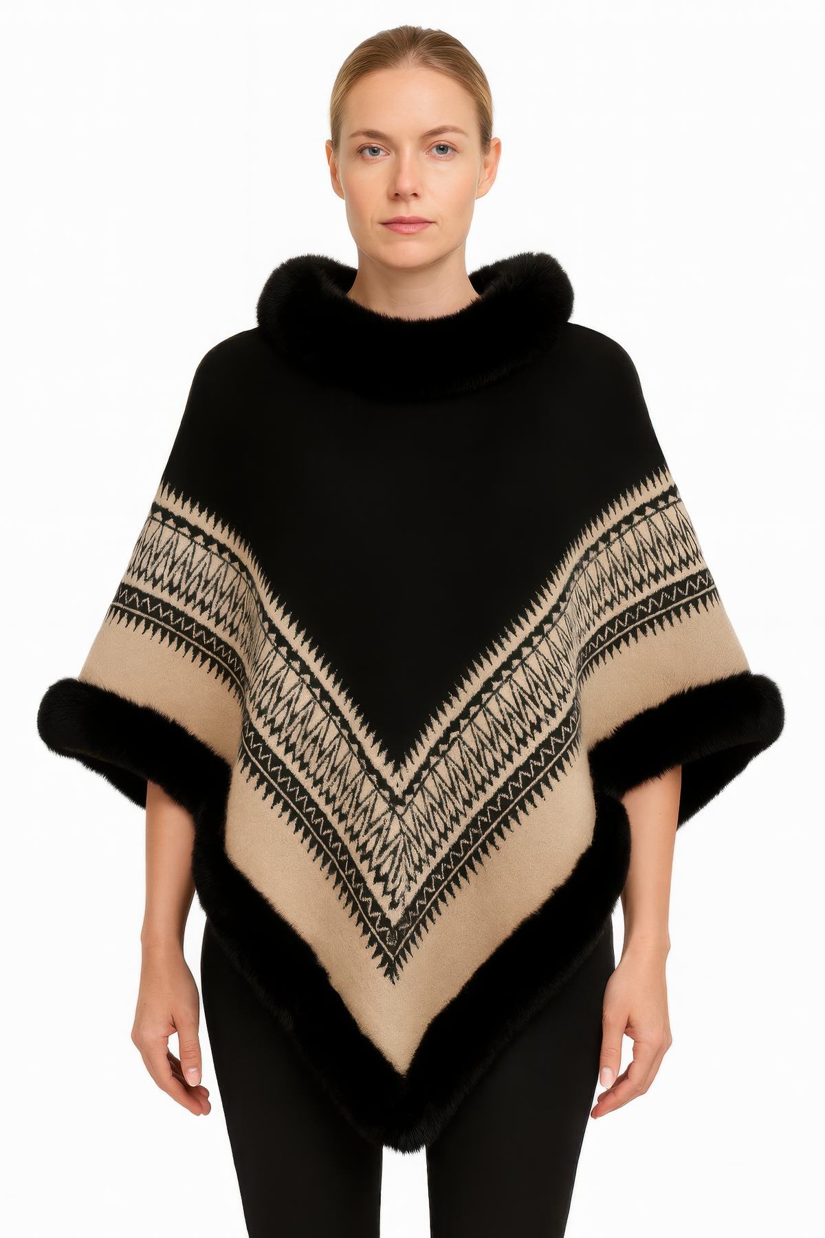 Chevron Trim Poncho With Faux Fur Collar - Black