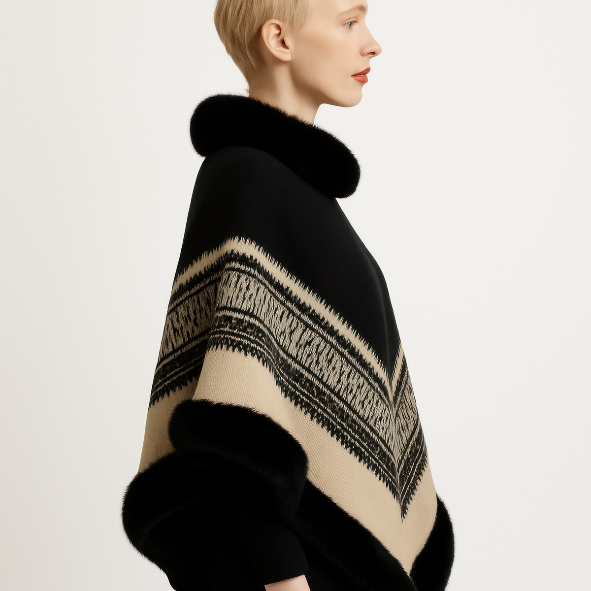 Chevron Trim Poncho With Faux Fur Collar - Black