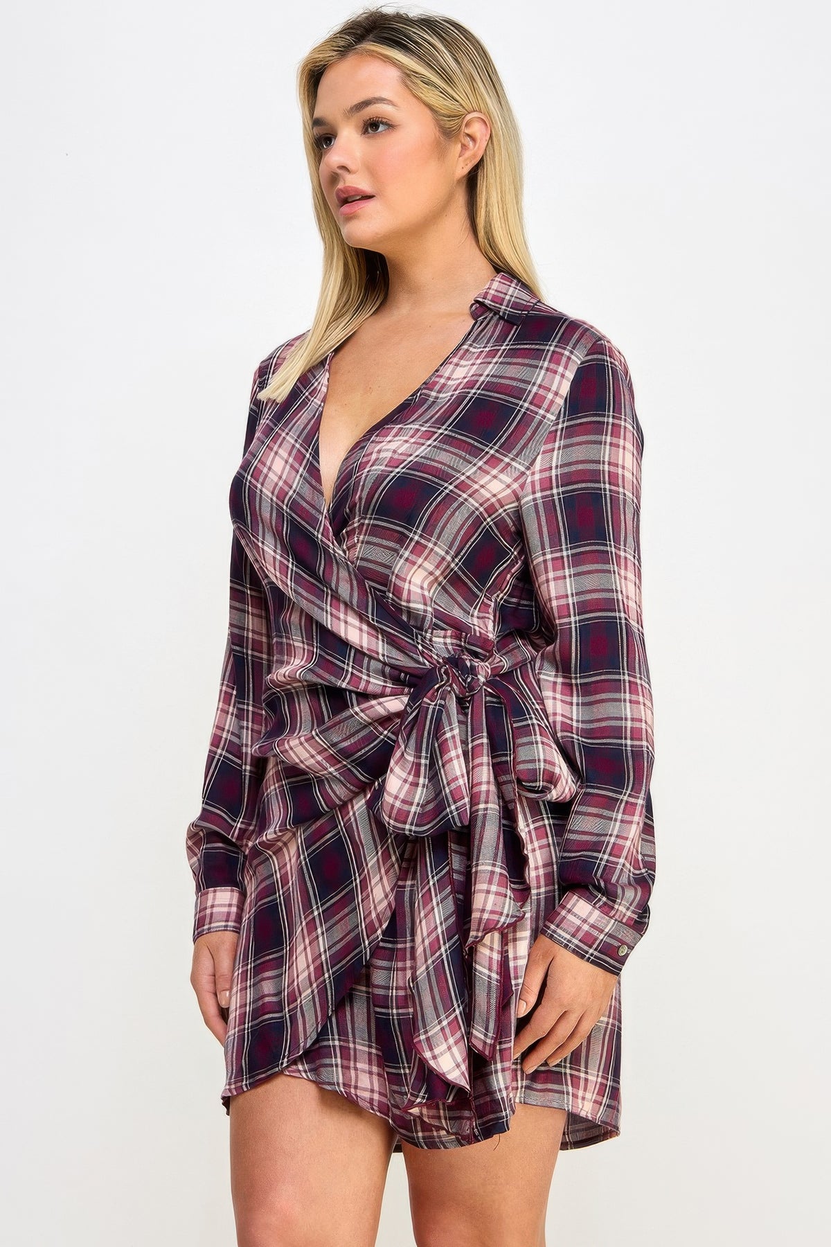 Wine Plus Size Long Sleeve Plaid Side Tie Dress