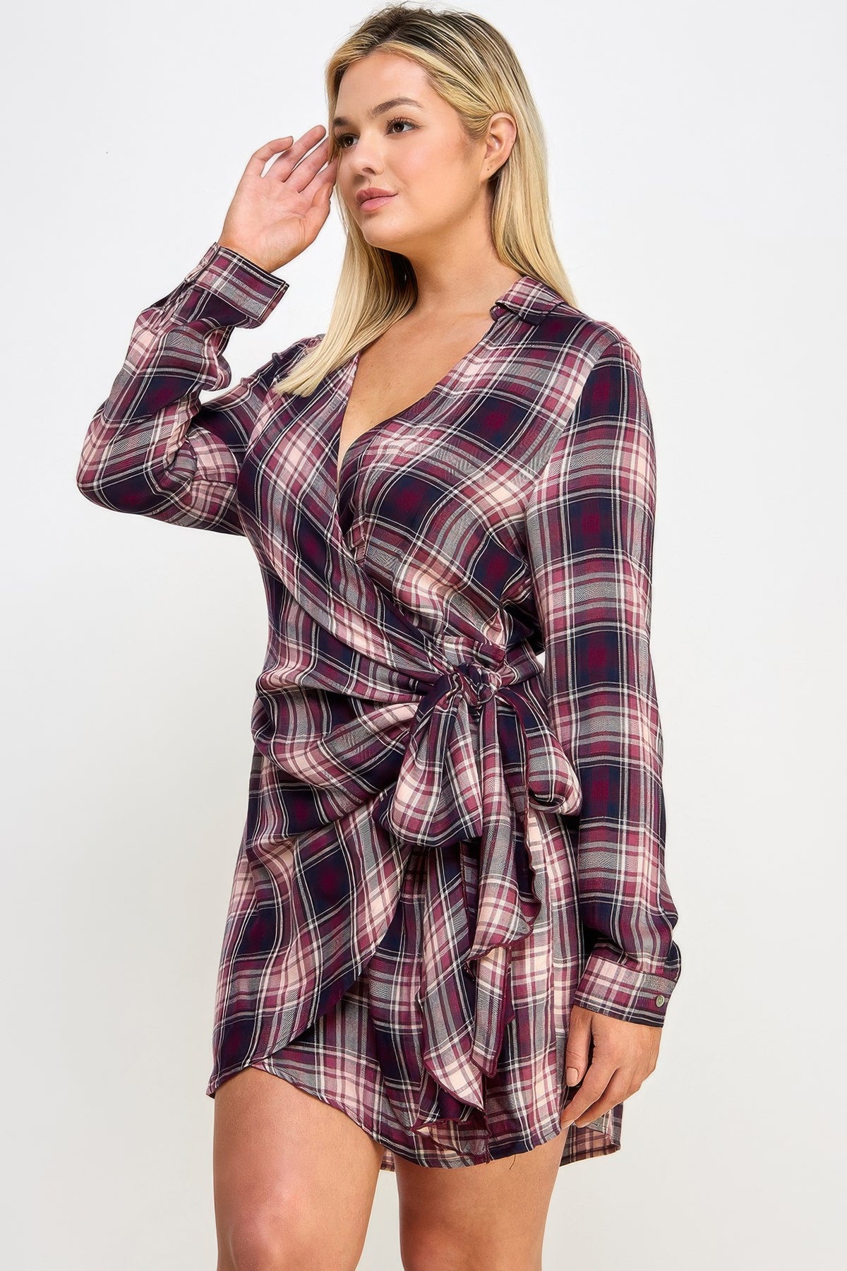 Wine Plus Size Long Sleeve Plaid Side Tie Dress