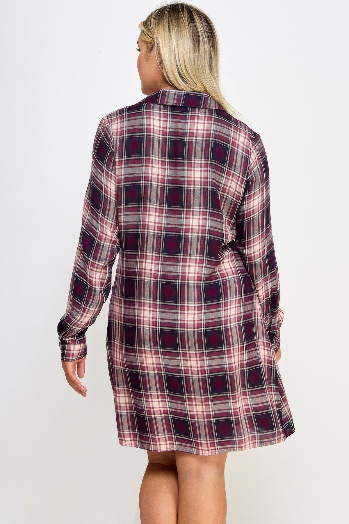 Wine Plus Size Long Sleeve Plaid Side Tie Dress