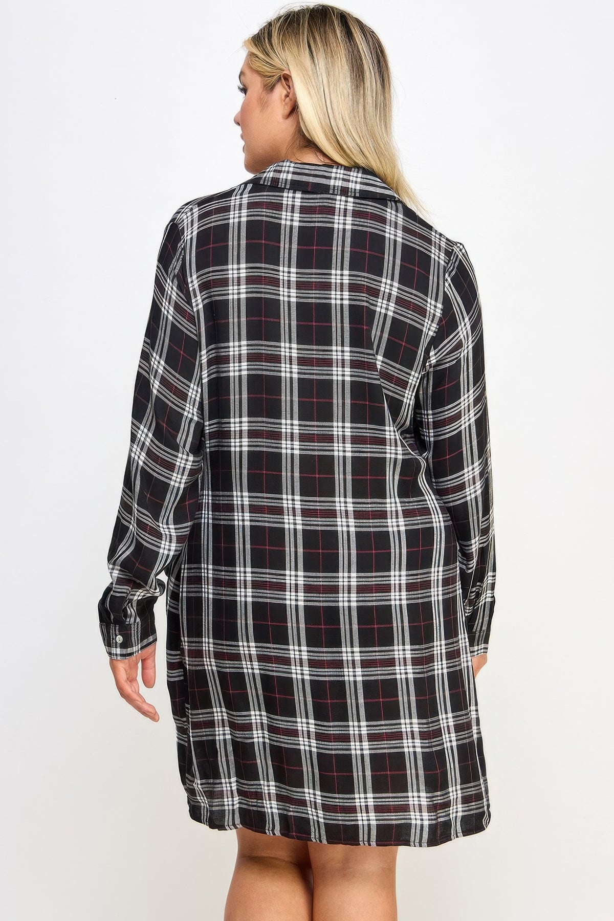 Black Plus Size Long Sleeve Plaid Side Tie Dress