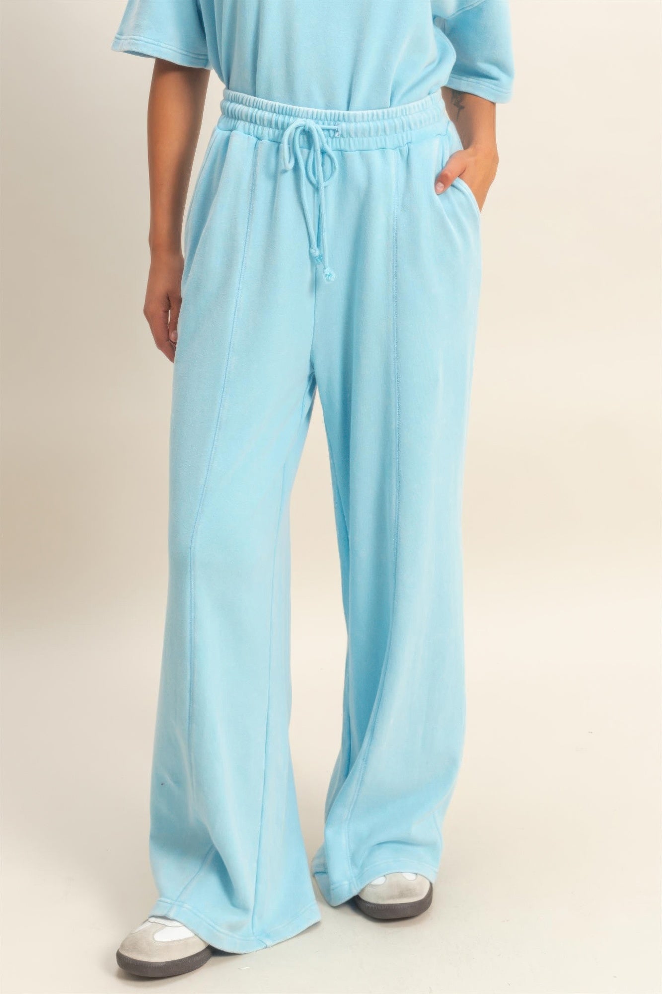 Blue Acid-Wash French Terry Wide-Leg Pants