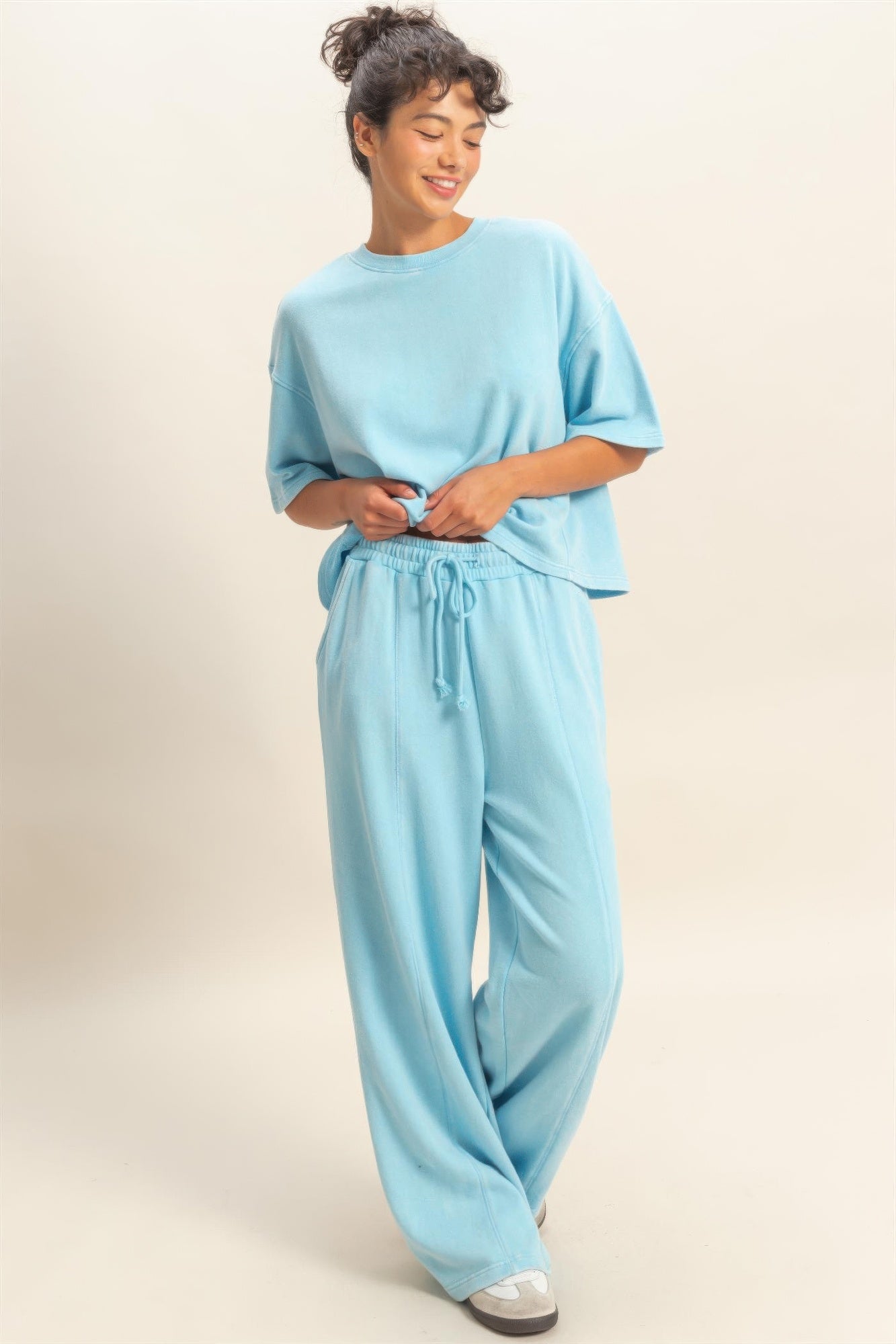 Blue Acid-Wash French Terry Wide-Leg Pants