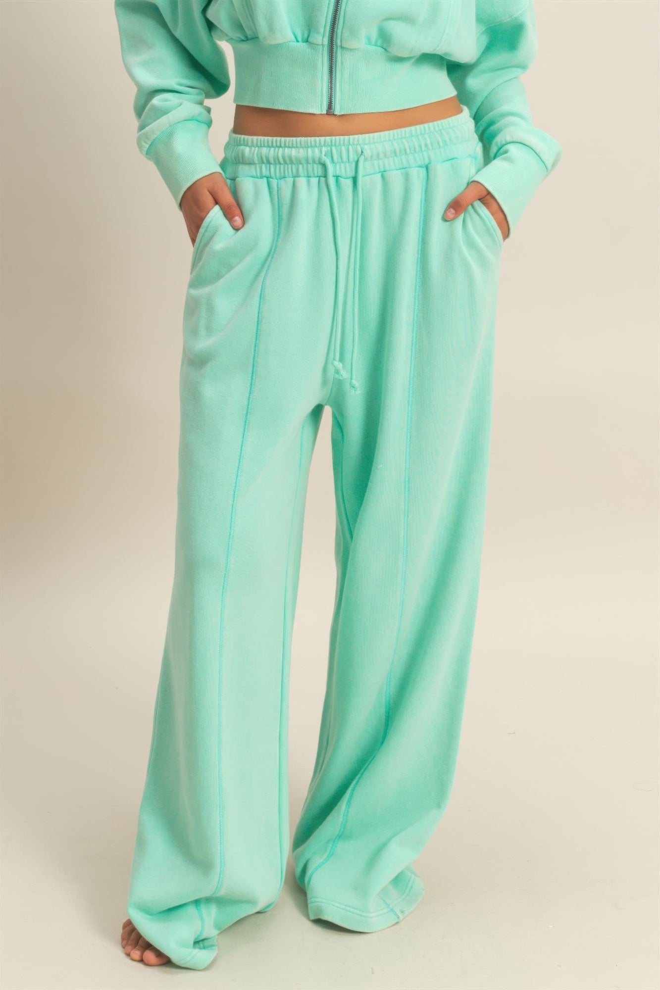 Mint Acid-Wash French Terry Wide-Leg Pants