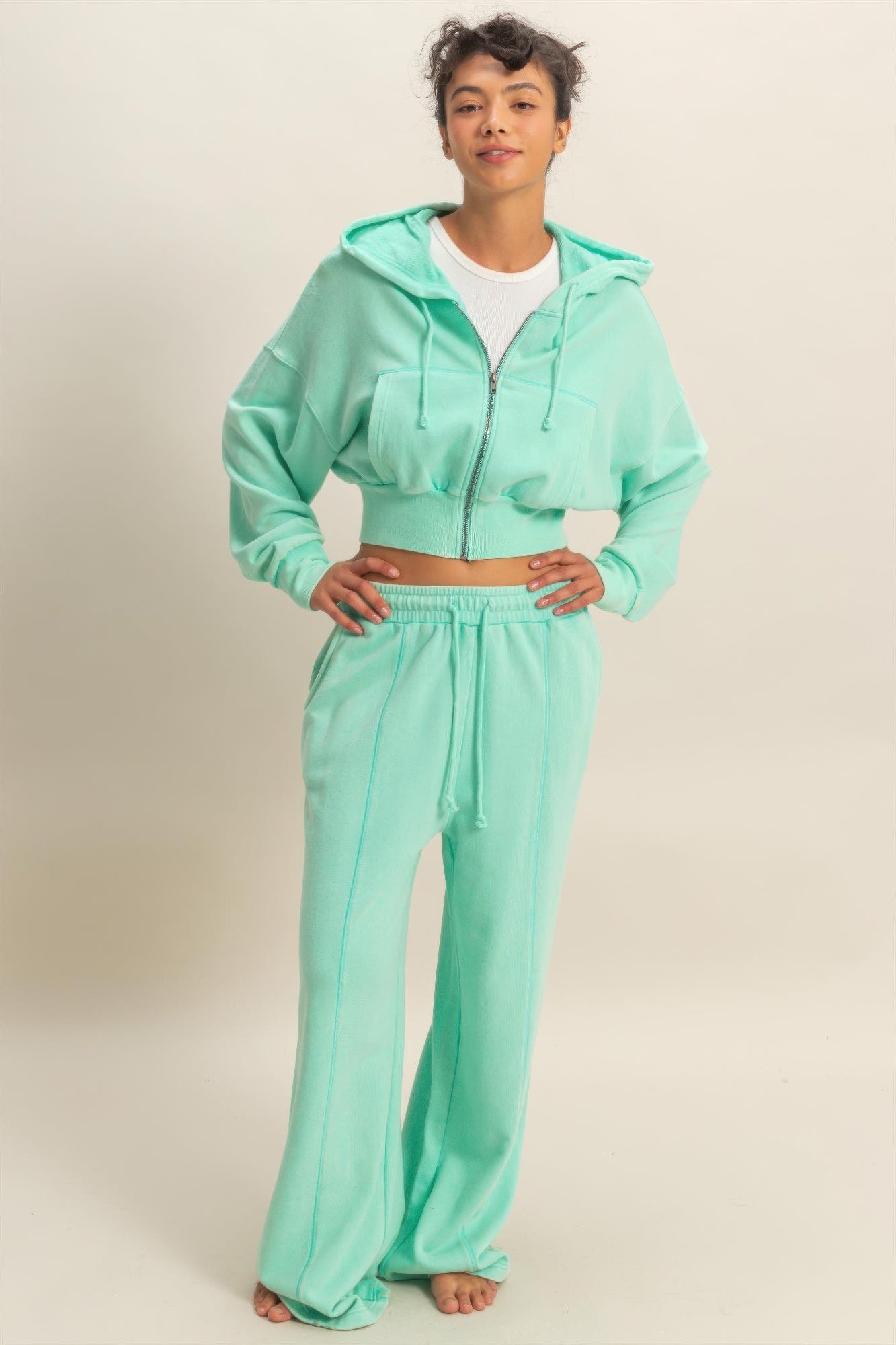 Mint Acid-Wash French Terry Wide-Leg Pants