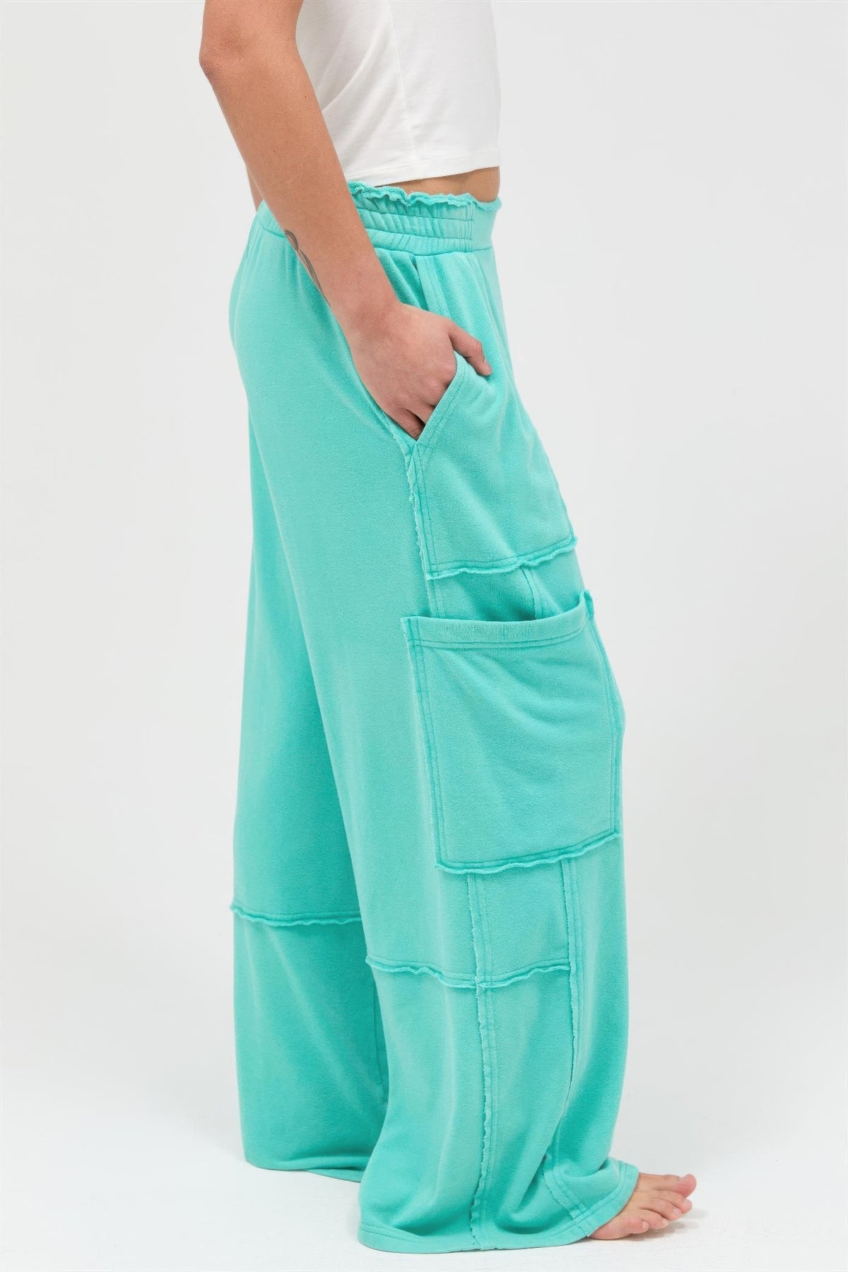 Turquoise Mineral Wash Wide Leg Cargo Pants