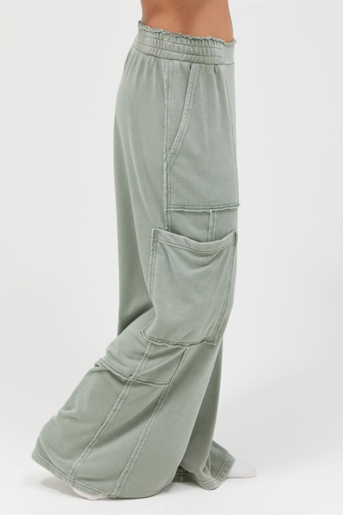 Sage Green Mineral Wash Wide Leg Cargo Pants