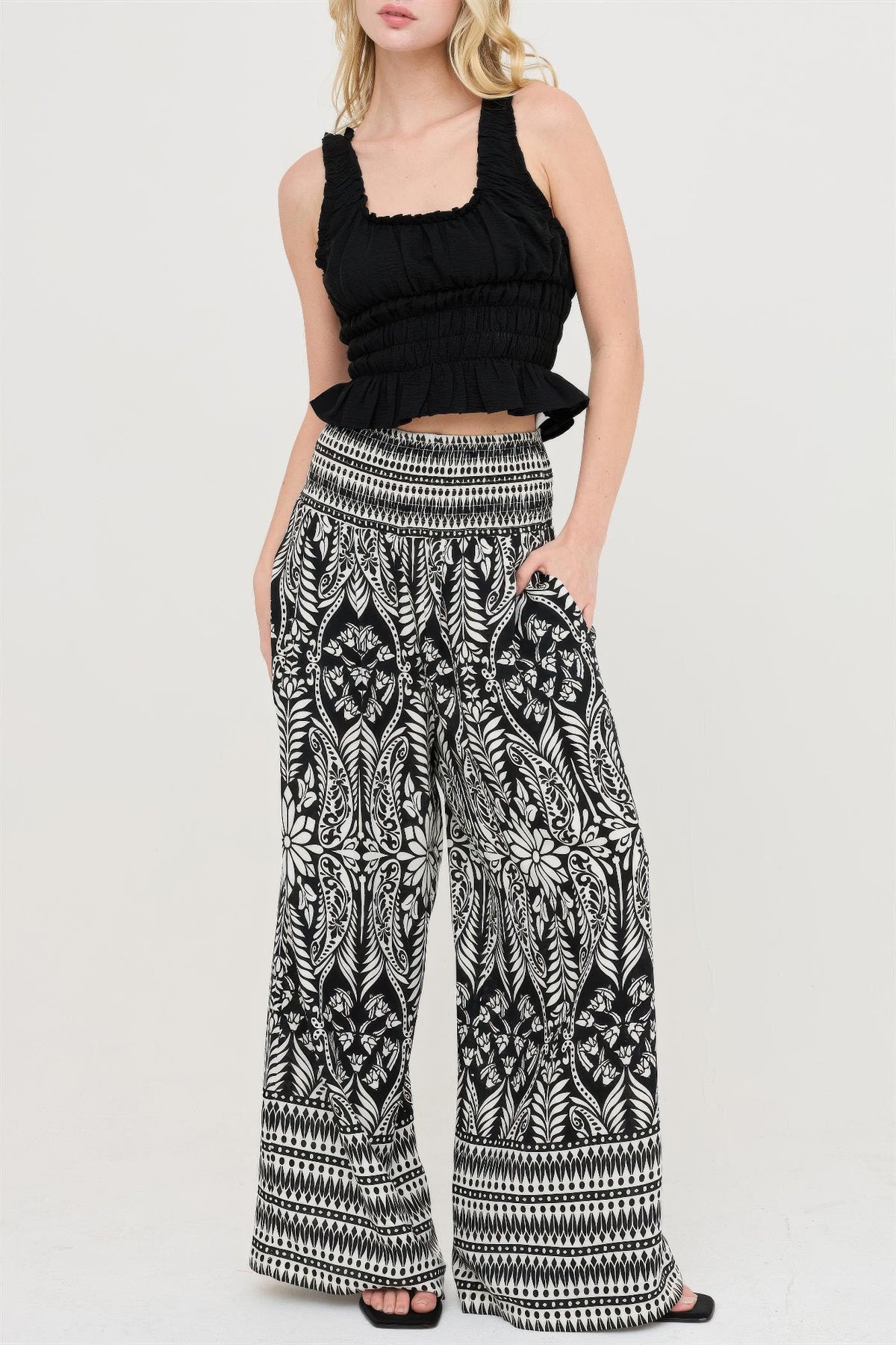 Black Smocked Waist Floral Pants
