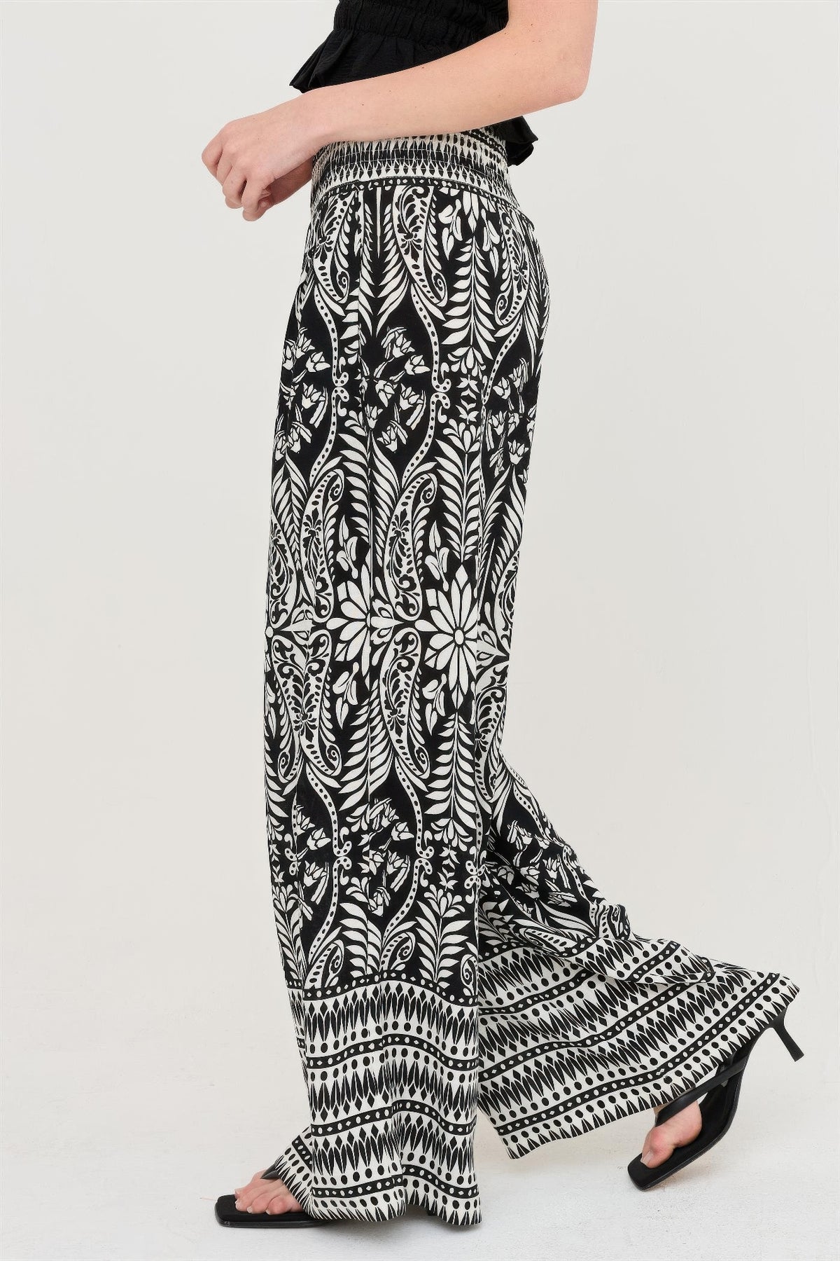 Black Smocked Waist Floral Pants