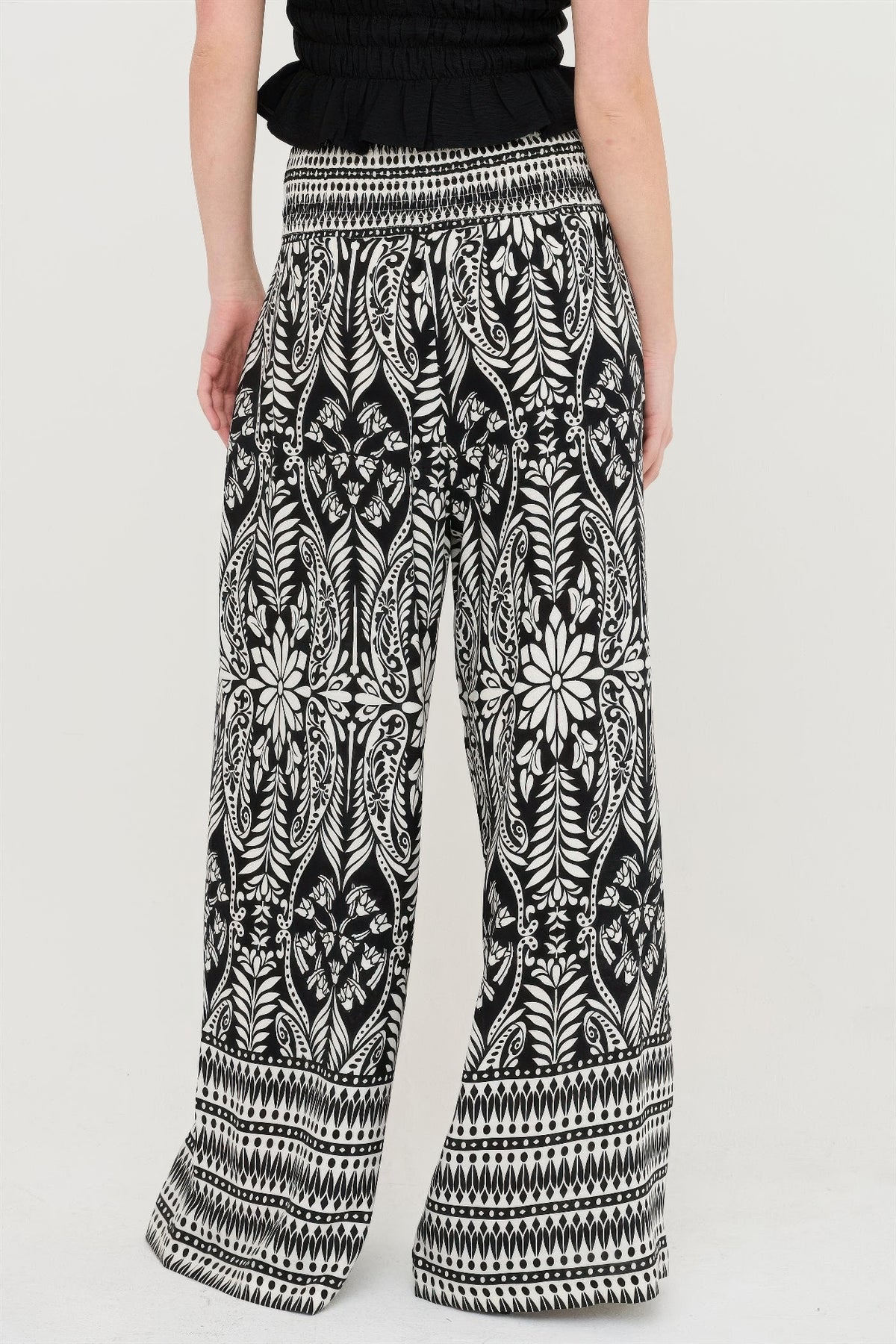 Black Smocked Waist Floral Pants