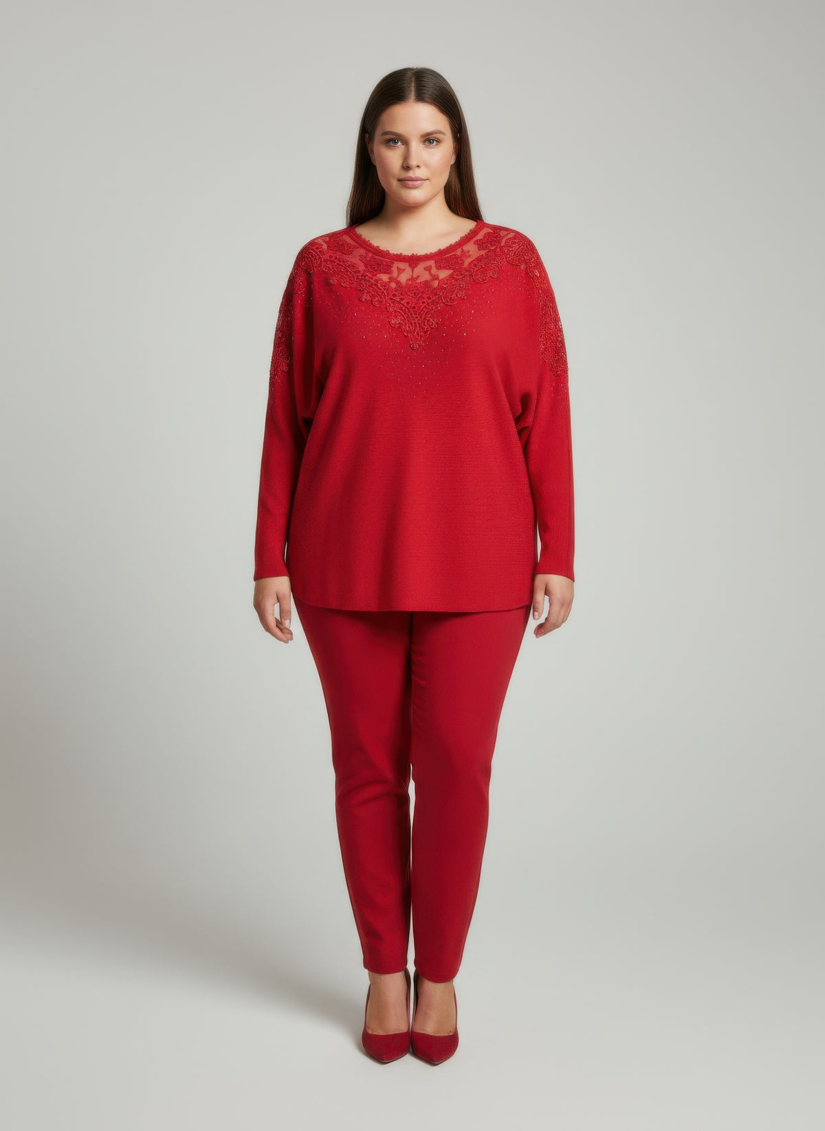 Crimson Lace Embellished Knit Tunic Top