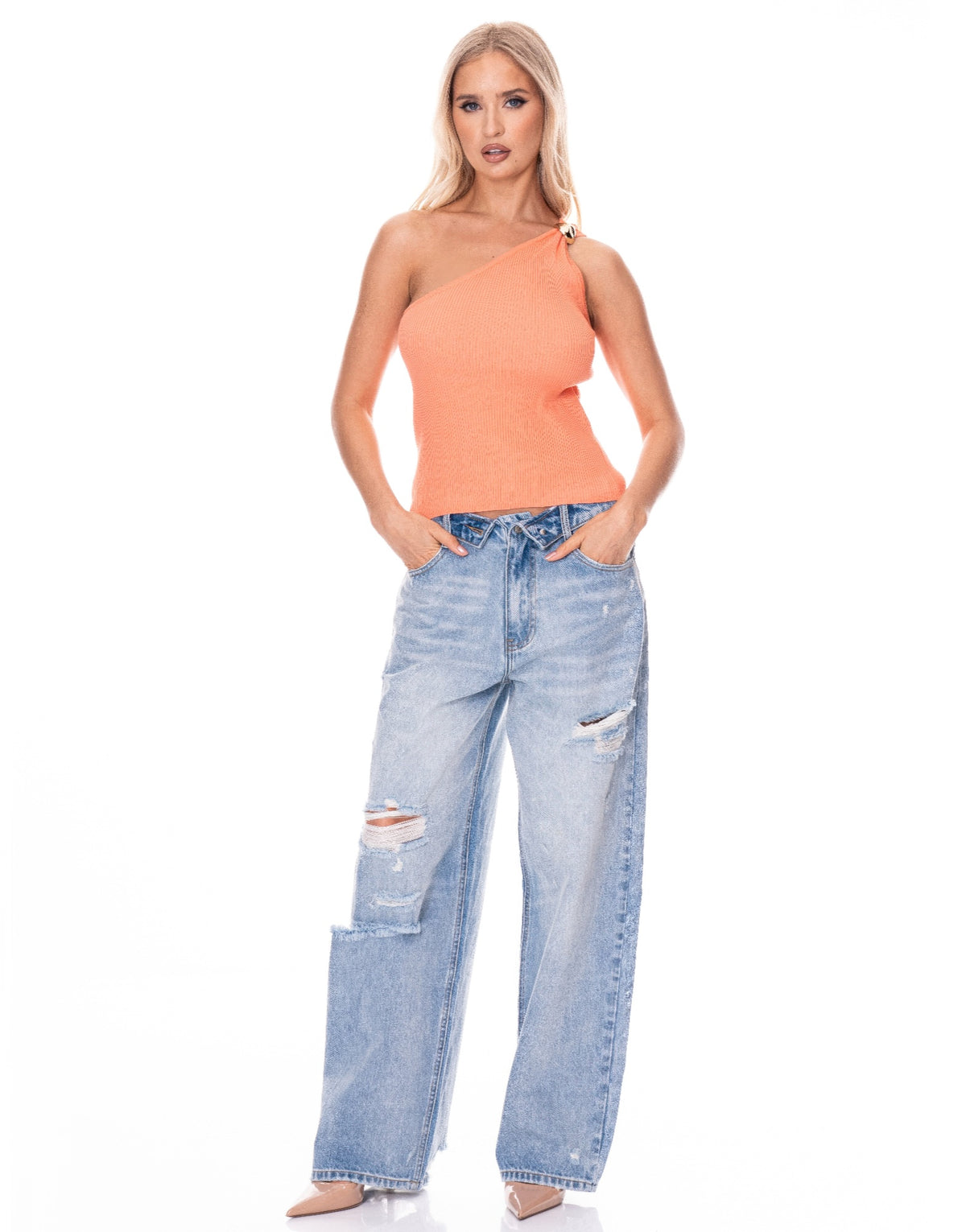 One Shoulder Top - Peach