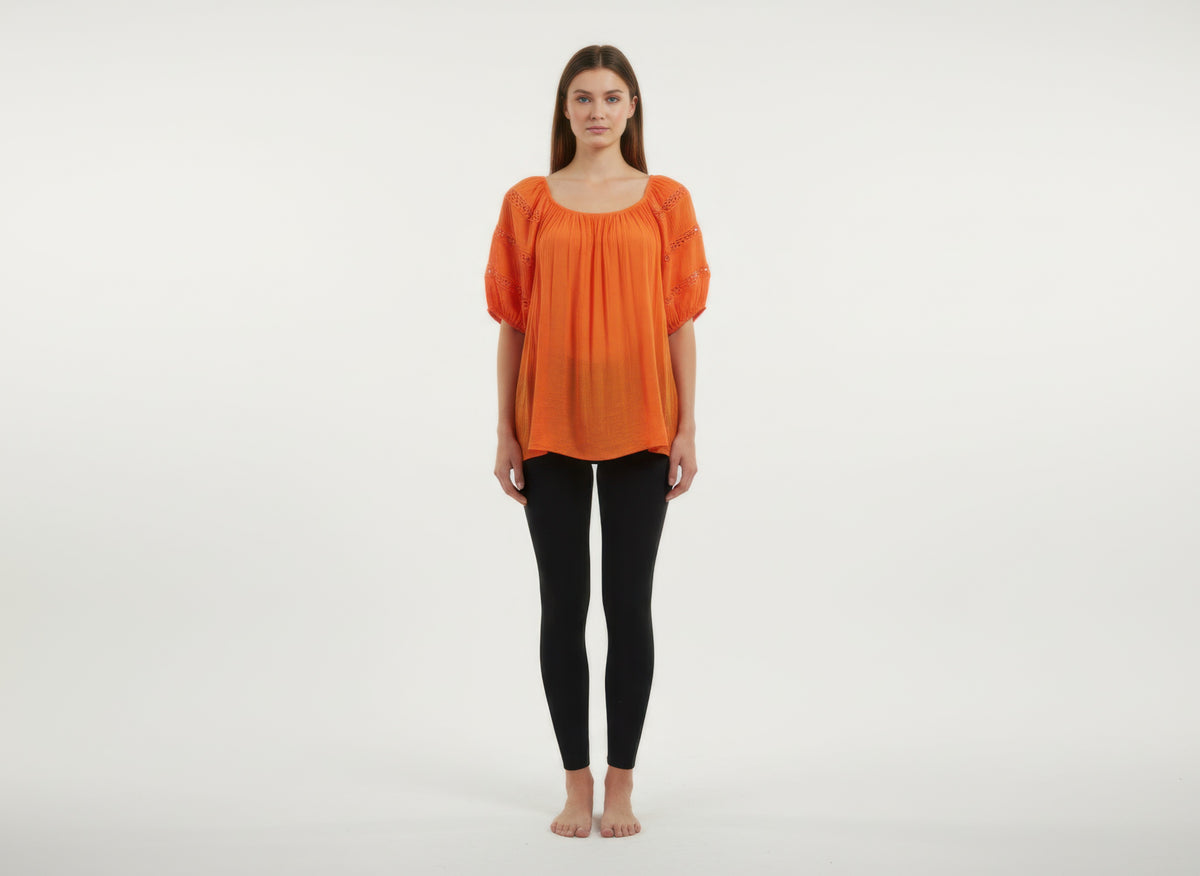 Unique Spectrum Solid Short Sleeve Blouse - Orange