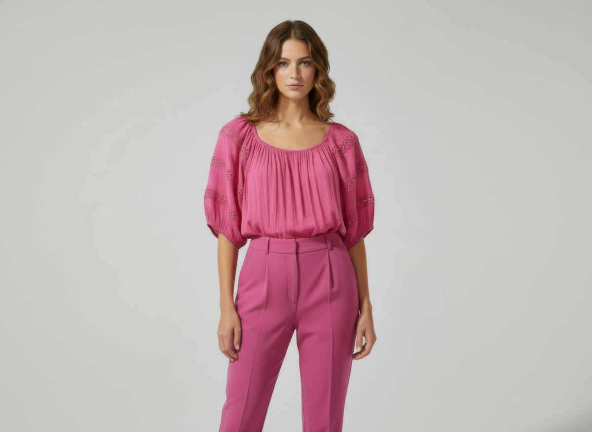 Unique Spectrum Solid Short Sleeve Blouse - Pink
