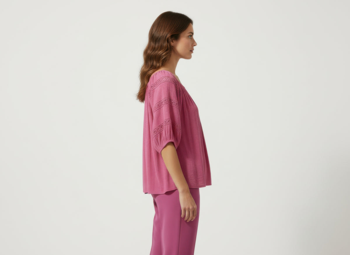 Unique Spectrum Solid Short Sleeve Blouse - Pink